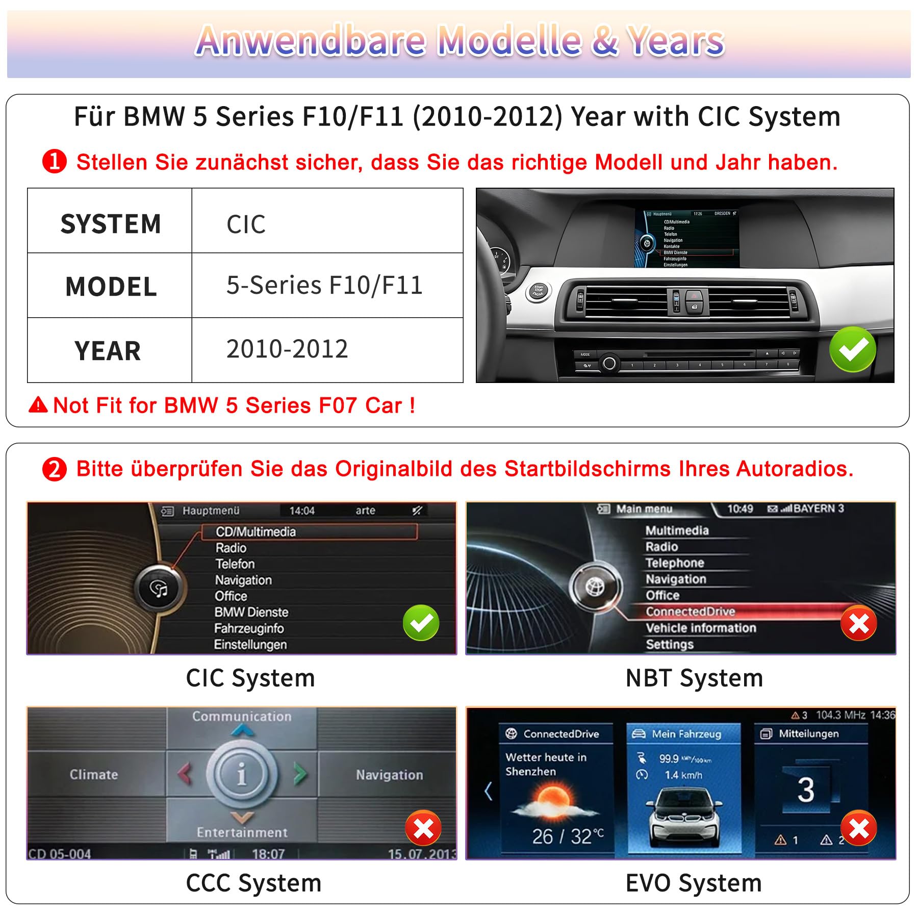 Android 14 10,25-Zoll-Touchscreen Autoradio für BMW 5er F10/F11 (2010–2012) – Kabelloses CarPlay/Android Auto, Original-OEM Beibehalten, HD-IPS-Display, GPS-Navigation, Mirror Link, nur CIC-System