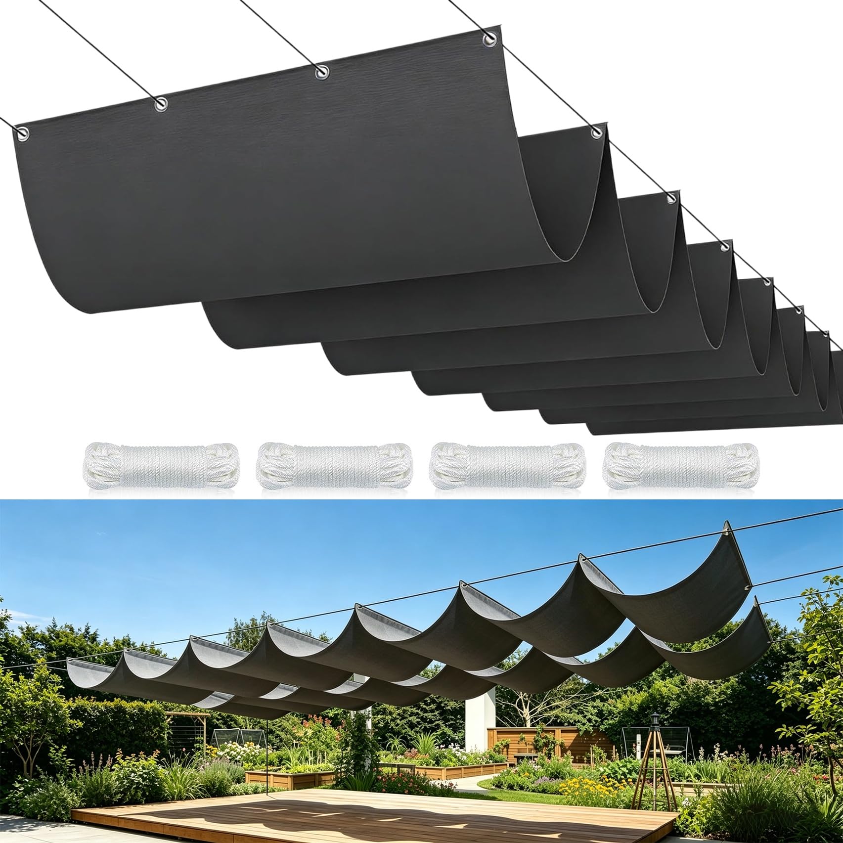 Sonnensegel Einziehbares 140 x 400 cm (Benutzerdefinierte Größen), Sonnenschutz Uv-Schutz Wetterfest Ohne Bohren Reißfest, Wasserdicht Wasserdicht Wellenmarkise für Terrasse Garten, Dunkelgrau