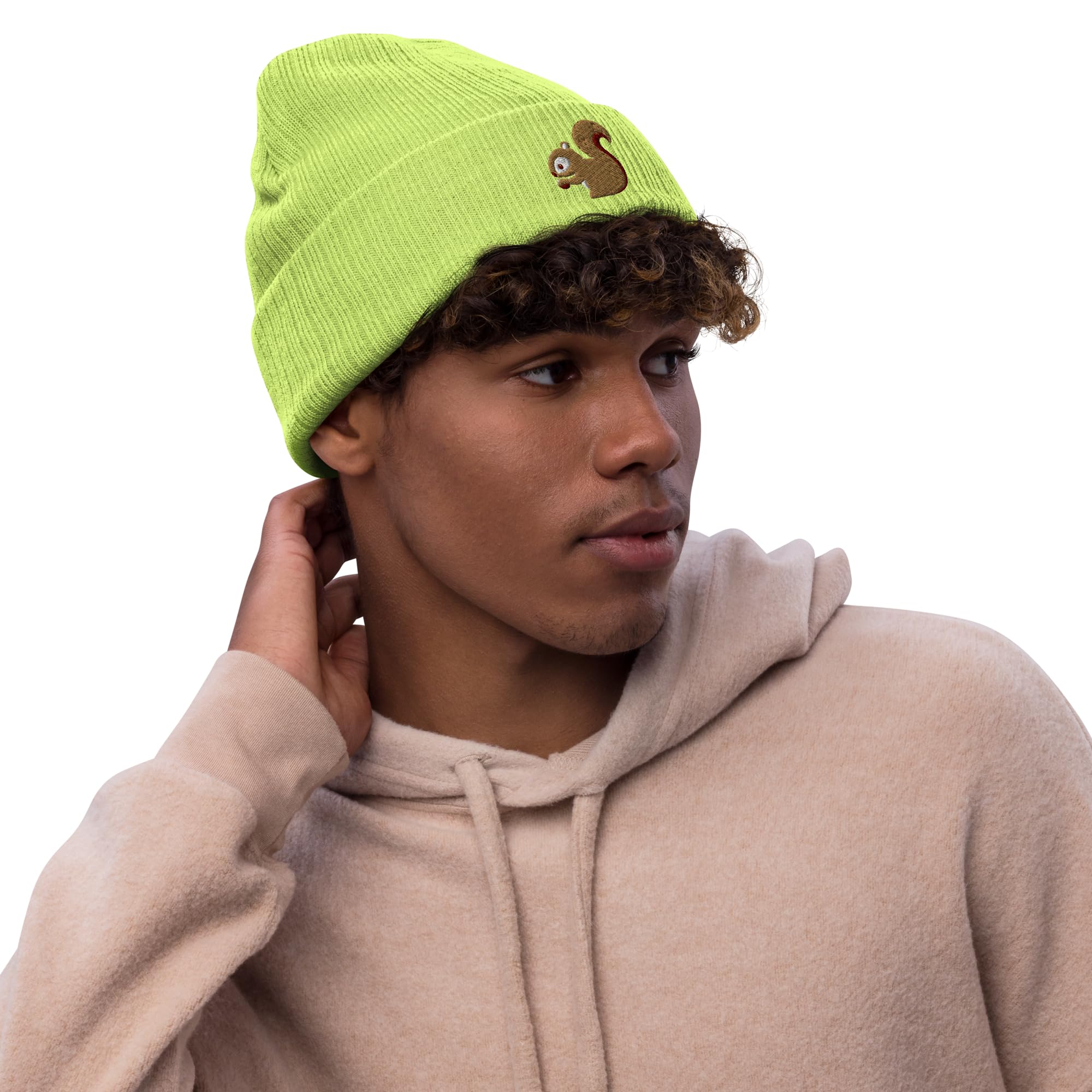 Squirrel Ribbed Knit Beanie, Nature Lover Hat, Outdoor Hat, National Park Gift Acid Green