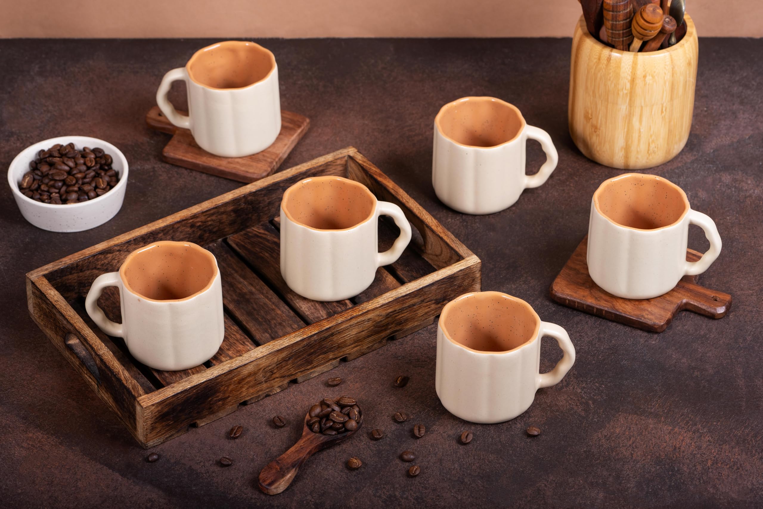 IZZYLYF 'MistyCurve Brown' Ceramic Tea Cups Set of 6 (200 ml Each) | Microwave & Dishwasher Safe Tea Cups with Handle for Tea, Coffee & Chai | Tea Cups for Gifting, Home, Cafe & Office Use