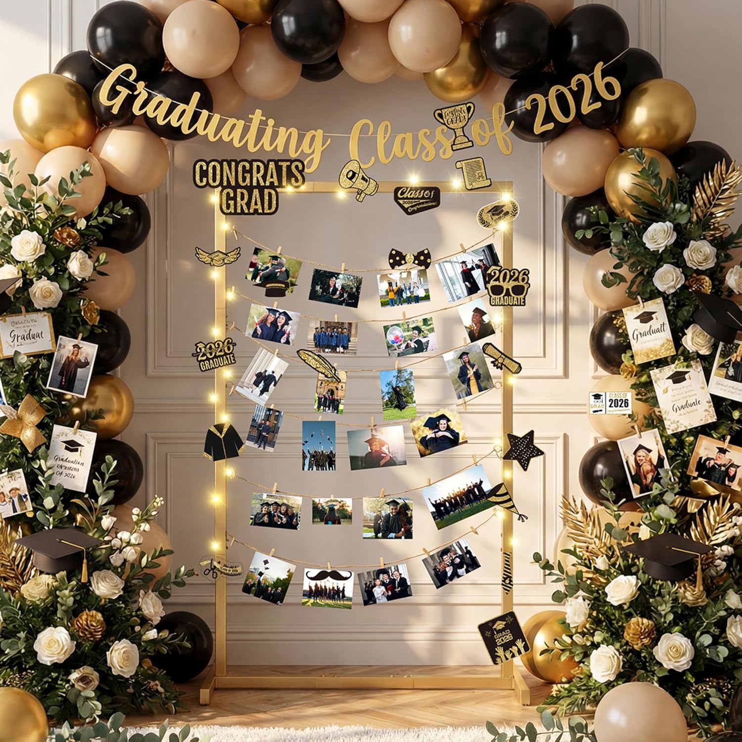 47 Inch Wooden Graduation Picture Display Frames Board Graduation Decorations Class of 2026 Standing Collage Picture Frame with String Light 30 Metal Clips for Grad Photo Party Decor