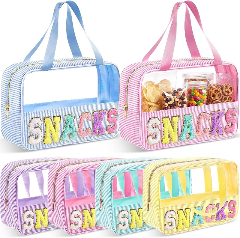 Necessaire de maquiagem Sanwuta com zíper e alça, tecido seersucker listrado transparente, Pacote com 6