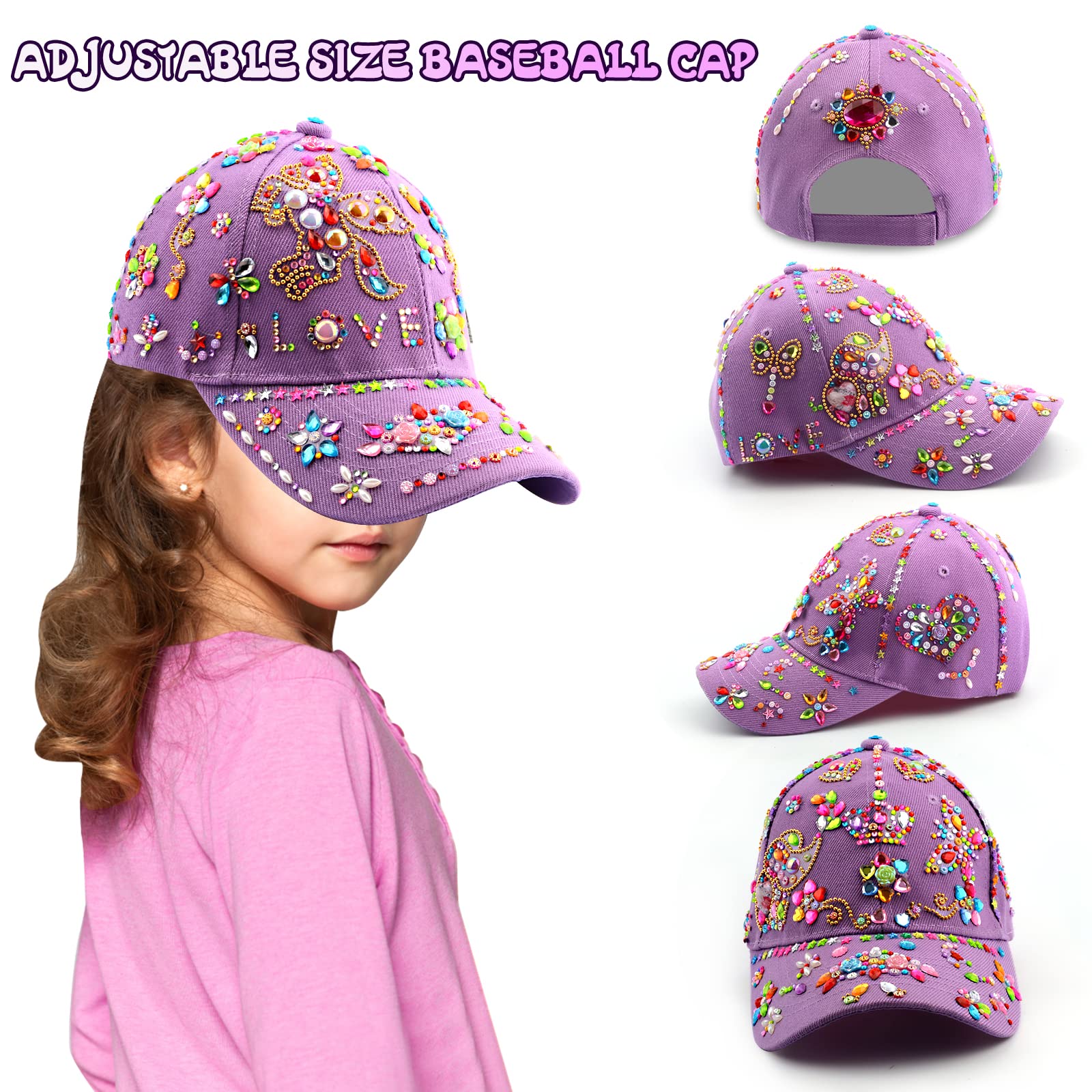 Teogneot Lot 2 Casquettes Baseball Filles + Autocollants Strass - Réglable 52-54 Cm, DIY, Cadeau Créatif
