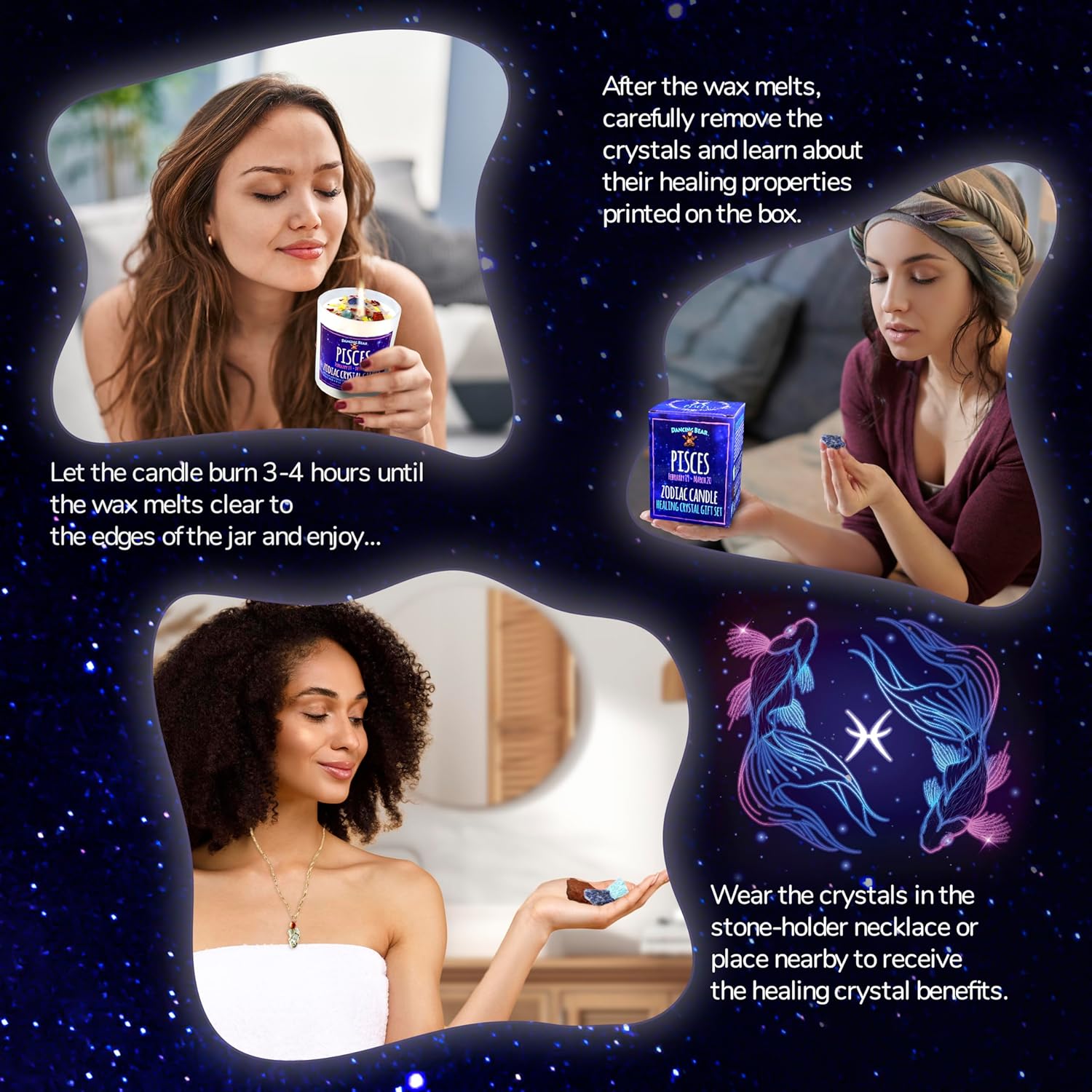 DANCING BEAR Pisces Zodiac Candle Gift Box Set with 3 Healing Crystals & Stone Holder Necklace, 100% Soy Scented Wax, Crackling Wood Wick, 45 Hour Burn Time - Image 4