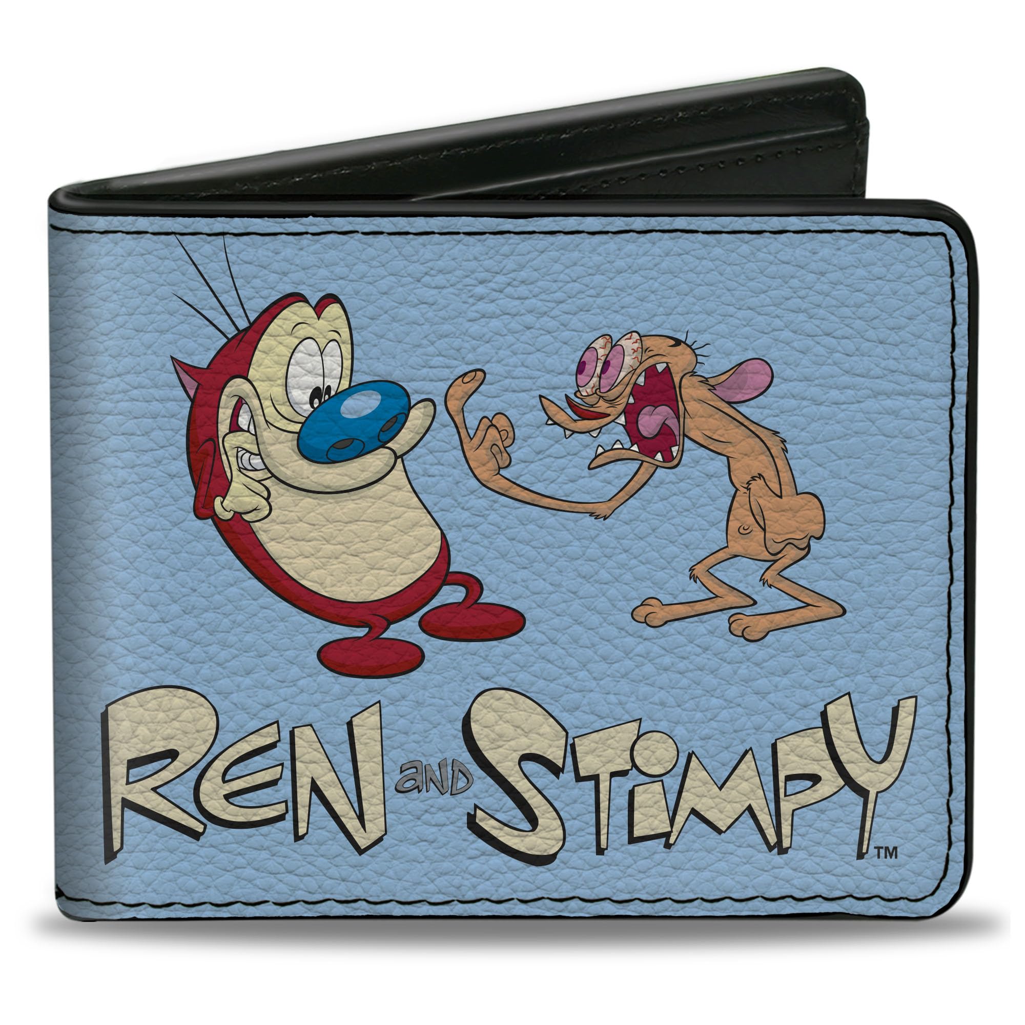 Buckle-Down Ren and Stimpy Wallet, Bifold, Ren and Stimpy Fighting Scenes and Title Logo Blue, Vegan Leather