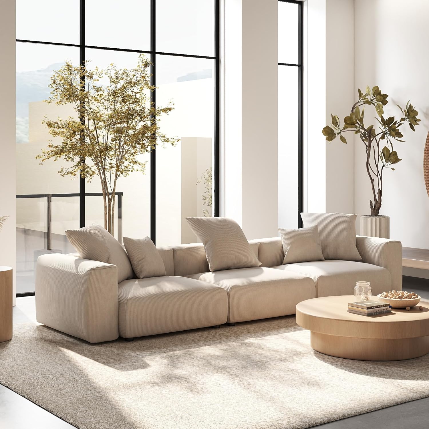 141.73" Modular Sectional Sofa, Oversized 3 Seater Sofa Couch with 5 Pillows, Cushion Covers Removable, Corduroy Fabric Beige Sofa Couches for Living Room, Office, Apartment