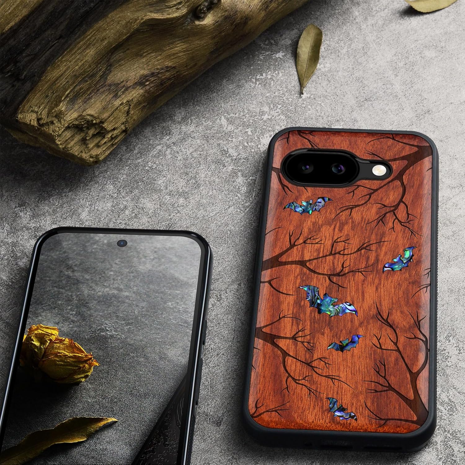 Carveit Magnetic Wooden Case for Google Pixel 9a Case, Wood Artisan Engraved & Handmade Shell Inlaid, Compatible with MagSafe Wireless Chargers (Bats Amidst Moonlit Branches) Rosy