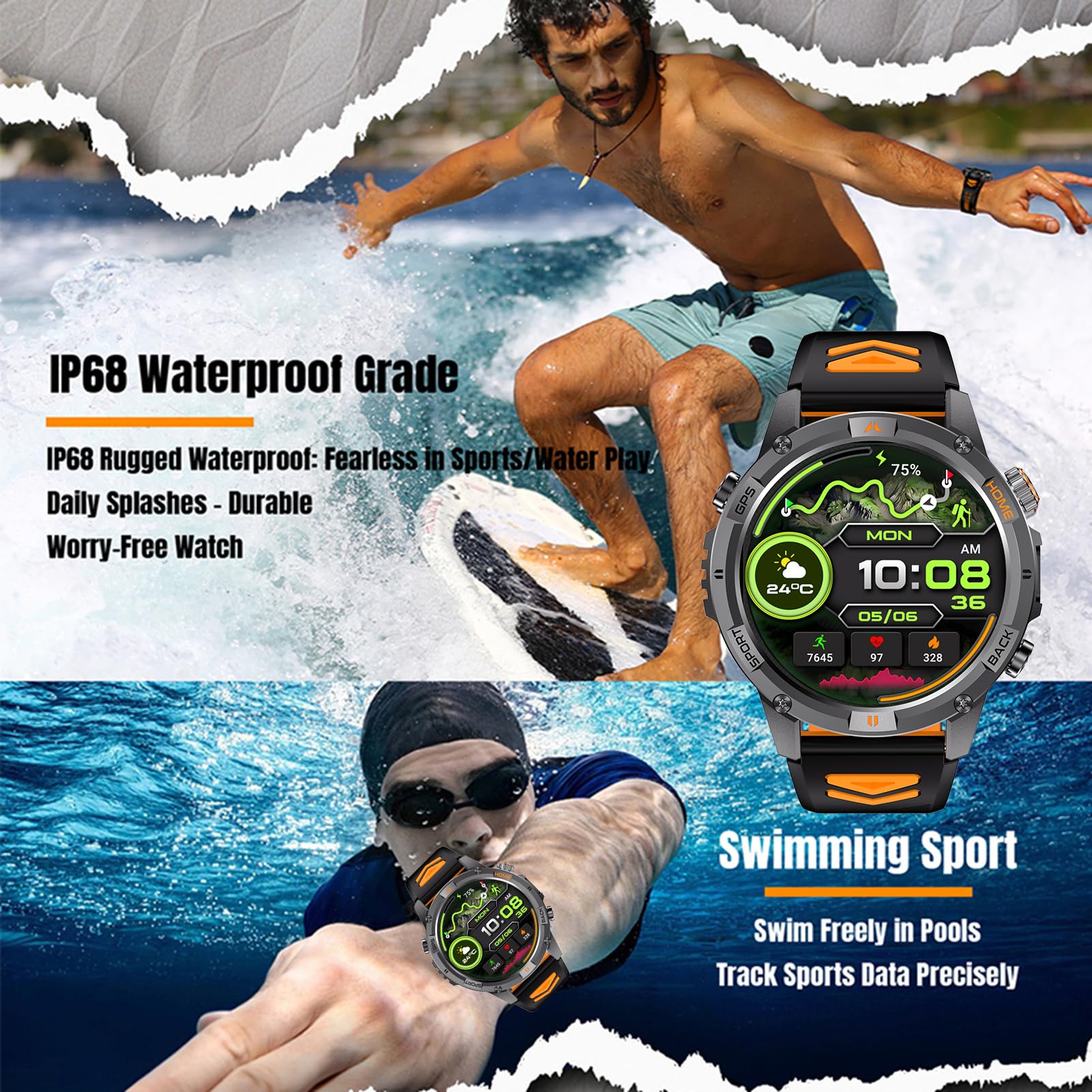 Orologio Sportivo Intelligente, Tracker di attività GPS con Risoluzione 360x360 da 1,46 Pollici con Oltre 100 modalità di Allenamento, per IOS Corsa Nuoto Escursionismo Sport (e arancione)