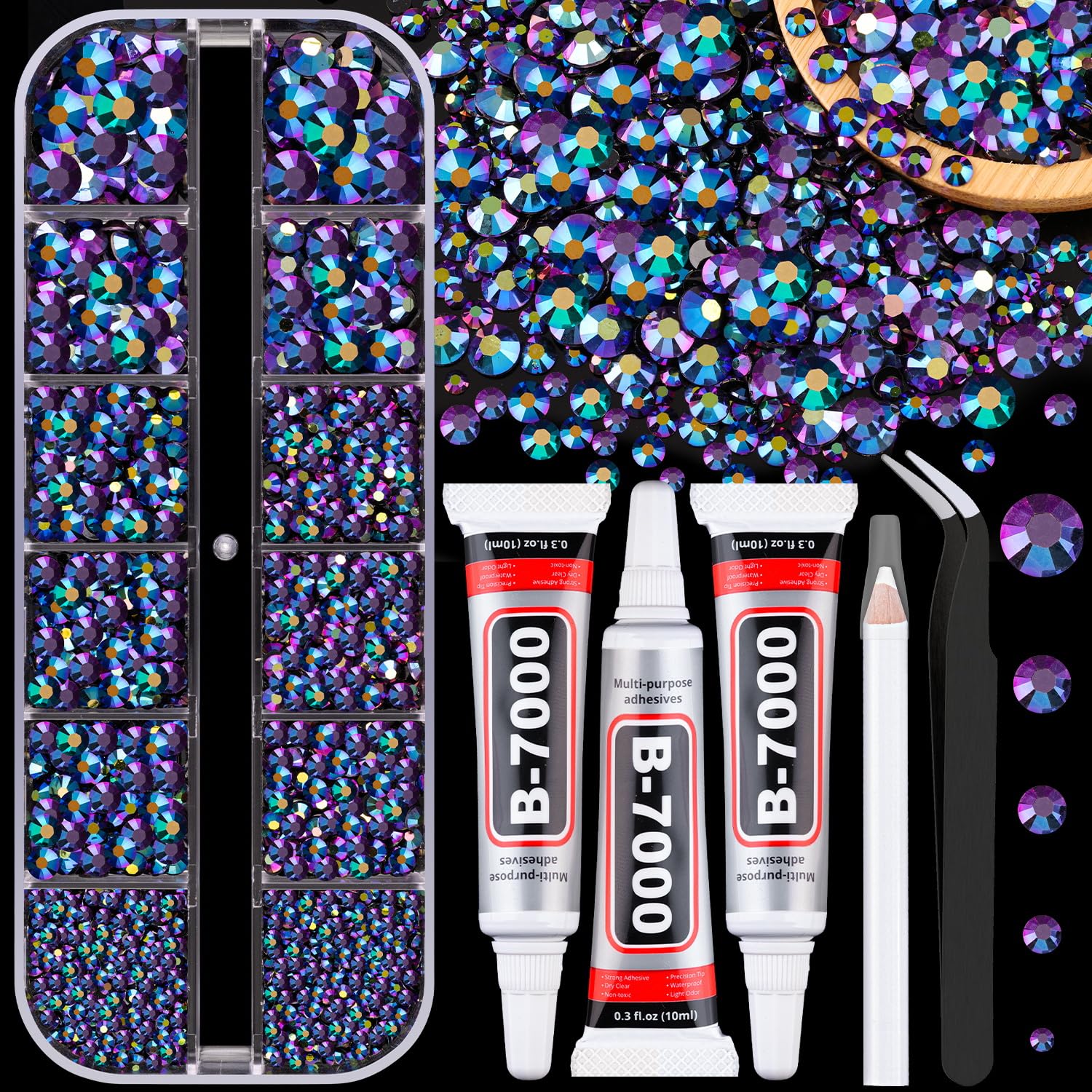 TINKRSTUFF Purplish Black AB 3Pcs Craft Beads | Flatback Crystal Gems with Glue & Tools - main product image