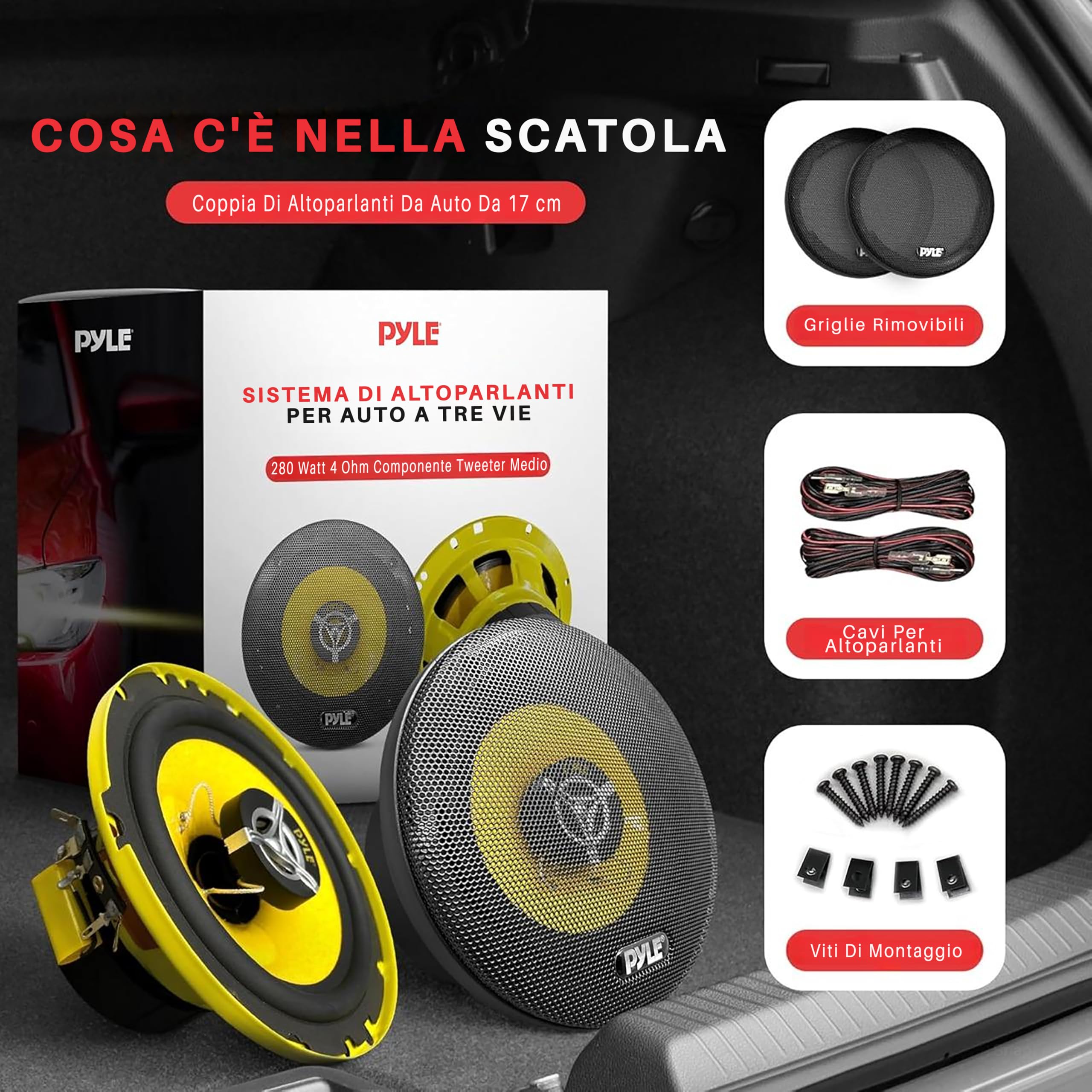 Pyle Sistema di Altoparlanti Auto a Tre Vie Giallo/Nero, 16,5 cm, 280 Watt, 4 Ohm, con Tweeter e Magneti da 1 kg, Profondita di Montaggio 5,7 cm, Coppia