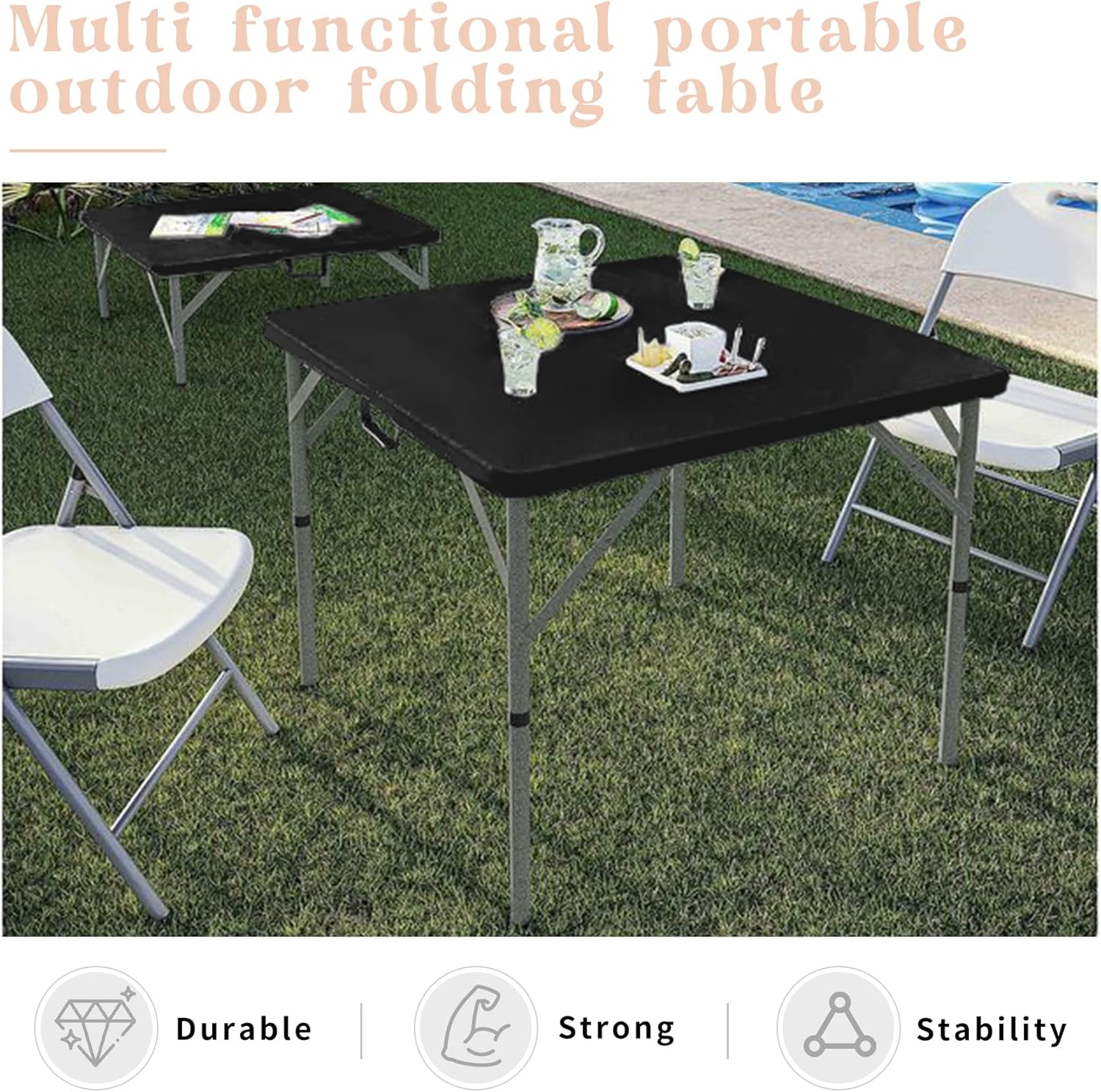 Set of 2 Square Folding Table 34in Multi-Functional Portable Folding Card Table with Carrying Handle for Indoor Outdoor Camping,Picnic, Office, Party Use HDPE Plastic Tabletop with Metal Frame(Black)