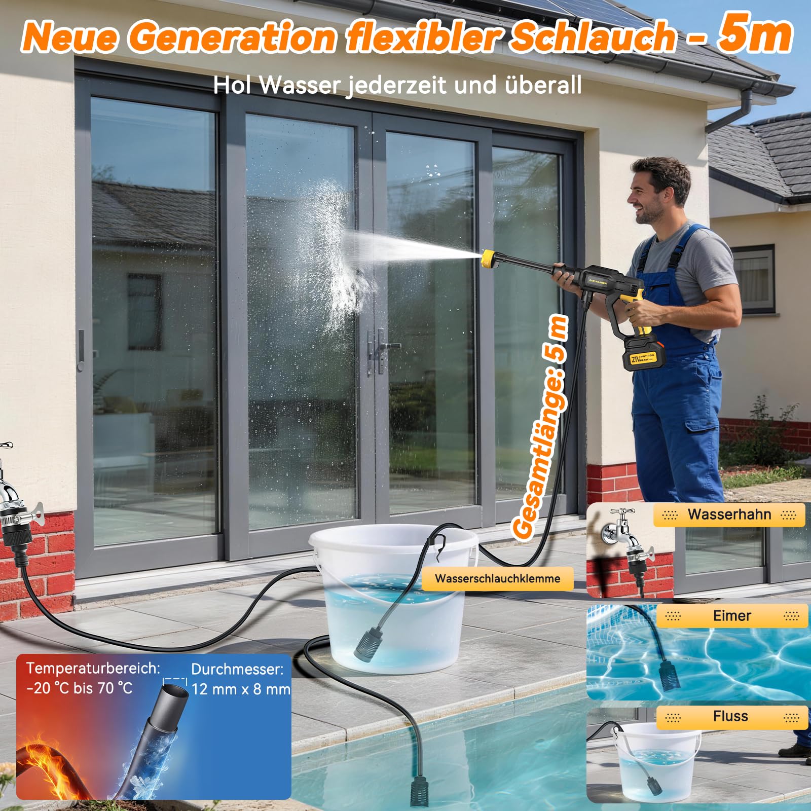 Akku Hochdruckreiniger, Tragbarer Akku-Druckreinigerpistole, Akku-Druckreiniger Mit 6-IN-1 Düse, 2 Batterien, 5 m Schlauch, Zur Reinigung & Bewässerung, Für Terrasse, Autowäsche, Gartenreinigung