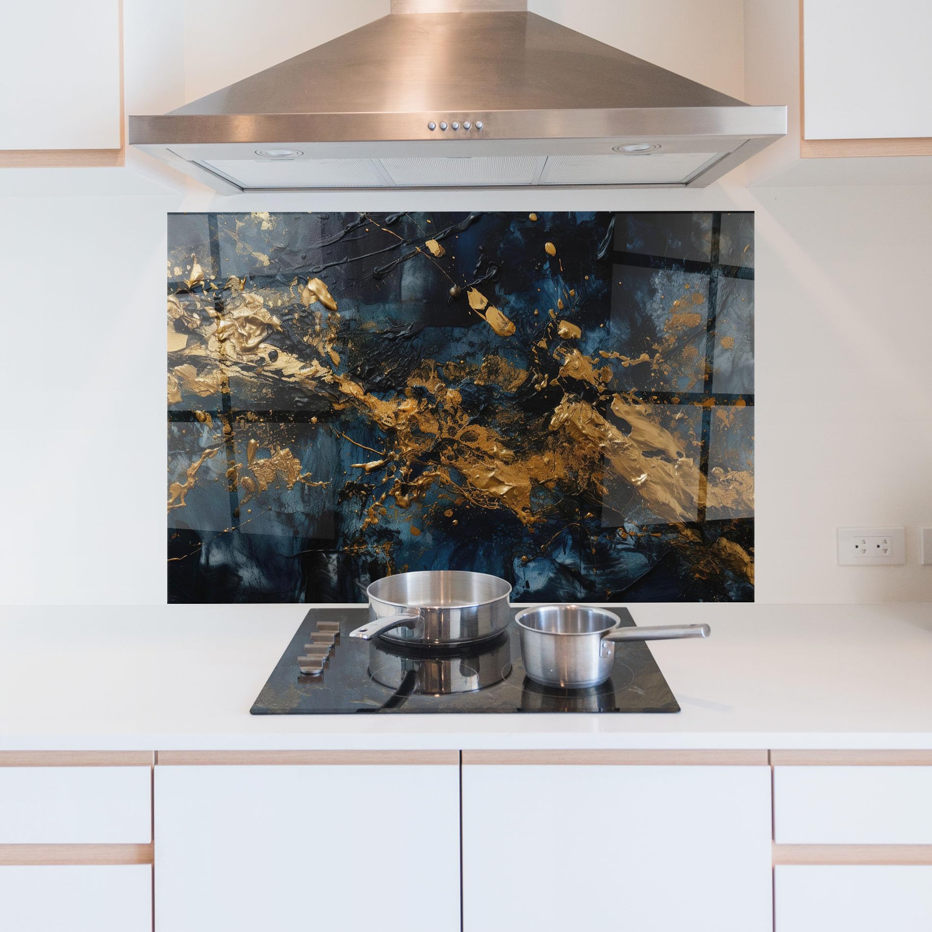 ARTHUB® Crédence de Cuisine en Verre 50x70 cm, Gold Explosion | Protection Contre Les éclaboussures, Revêtement Mural en Carreaux, Plaque en Verre, Verre trempé, Abstrait, Art Abstrait