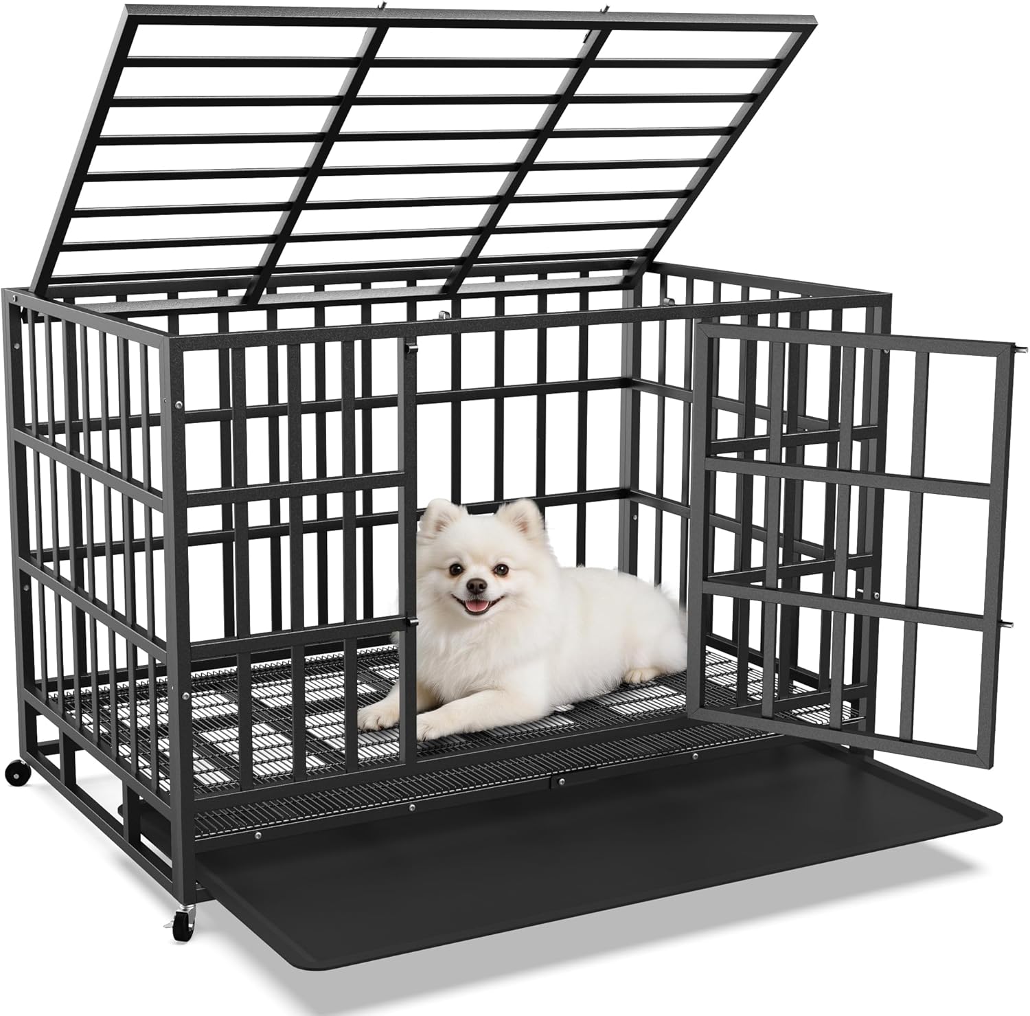 Heavy Duty Indestructible & Escape-Proof Dog Crate 48 Inch for Large High-Anxiety Dogs Double Door, Heavy Duty Dog Kennel with Lockable Wheels for Large XL XXL Dogs,Easy-Clean Removable Tray Included