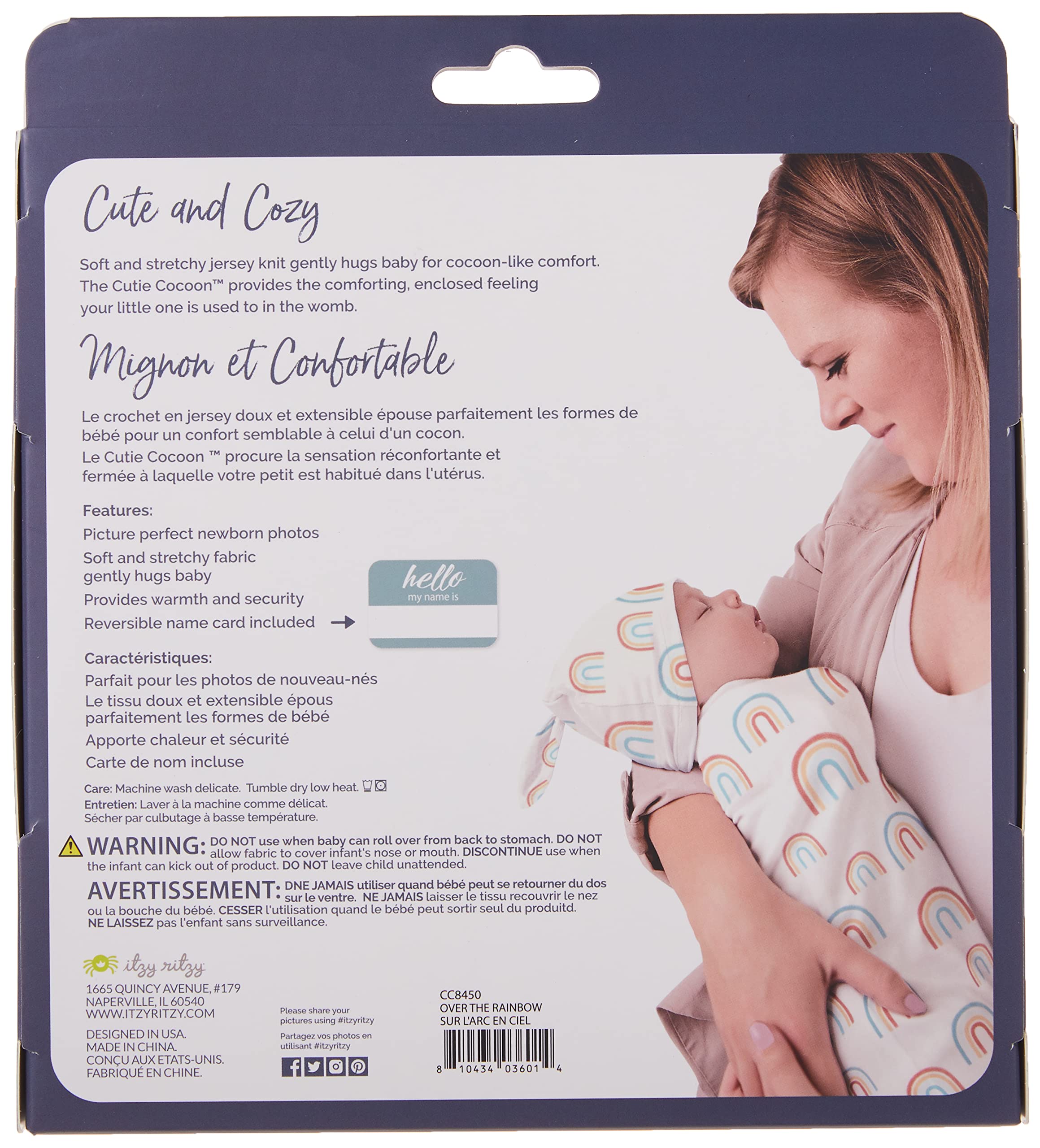 Itzy Ritzy Zestaw do owijania kokonu i kapelusza, Cutie Cocoon zawiera kartę z ogłoszenia nazwy i pasujący zestaw kokonów i czapek z dzianiny dżersejowej, idealny do zdjęć noworodków, od 0 do 3 miesięcy, ponad tęczą