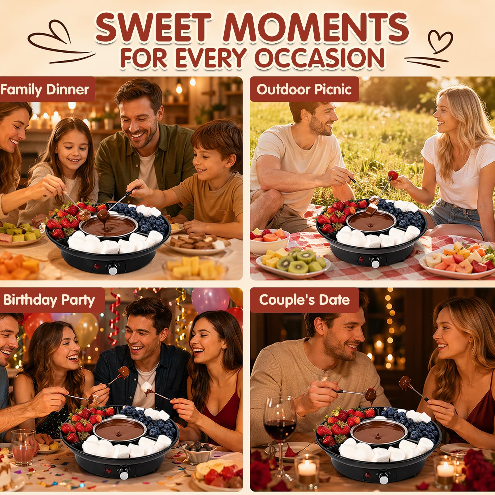 Set à Fondue au Chocolat Électrique 260 ML, Pot à Fondue Chocolat avec 2 Niveaux de Température, Casserole Amovible en Aluminium, Appareil à Fondue avec 4 Fourchettes, pour Fruits et Desserts