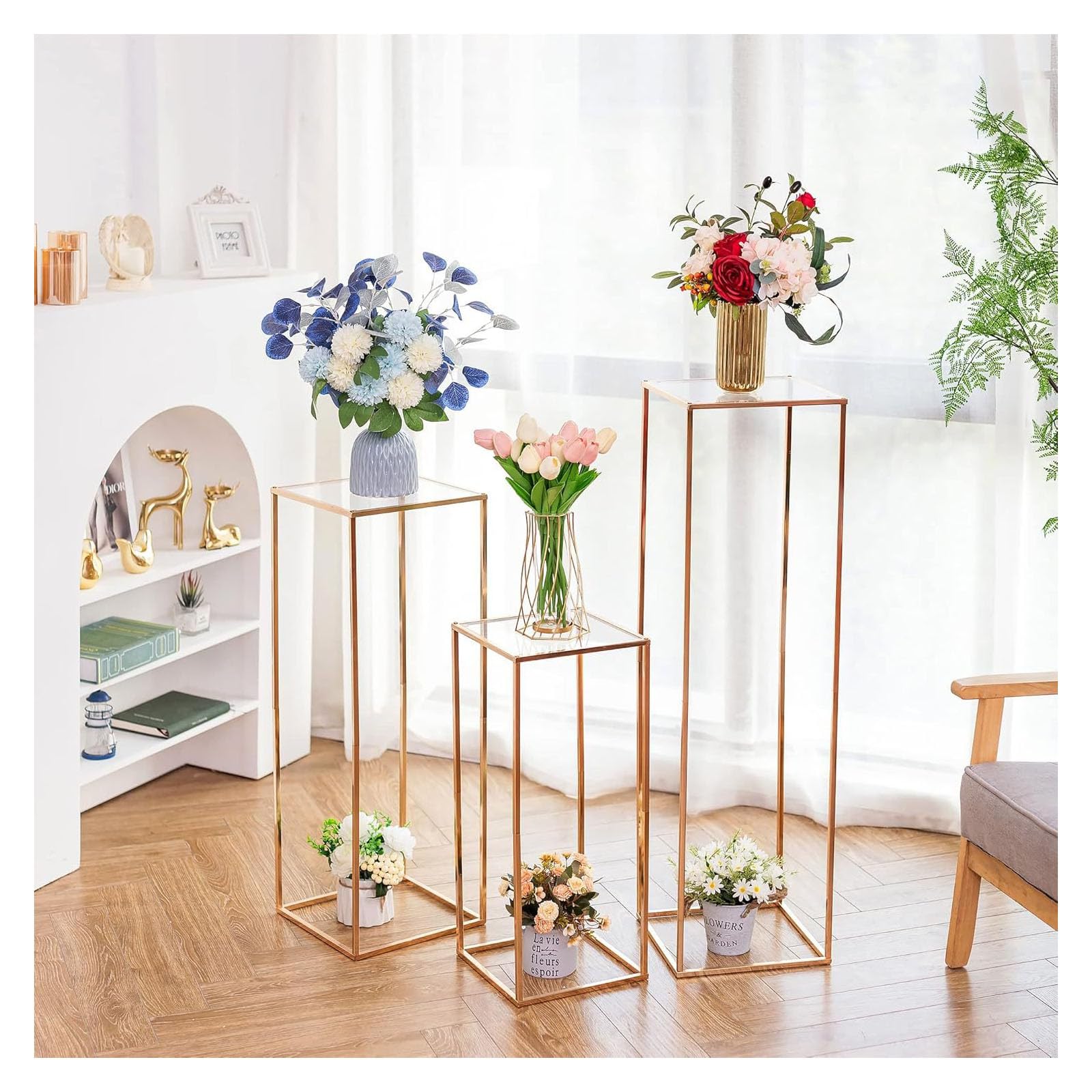 Portafiori Matrimonio 5 Livelli In Metallo Argentato – Altezza 110 Cm, Decorazione Da Tavolo Con Pendenti Acrilici A Cristallo