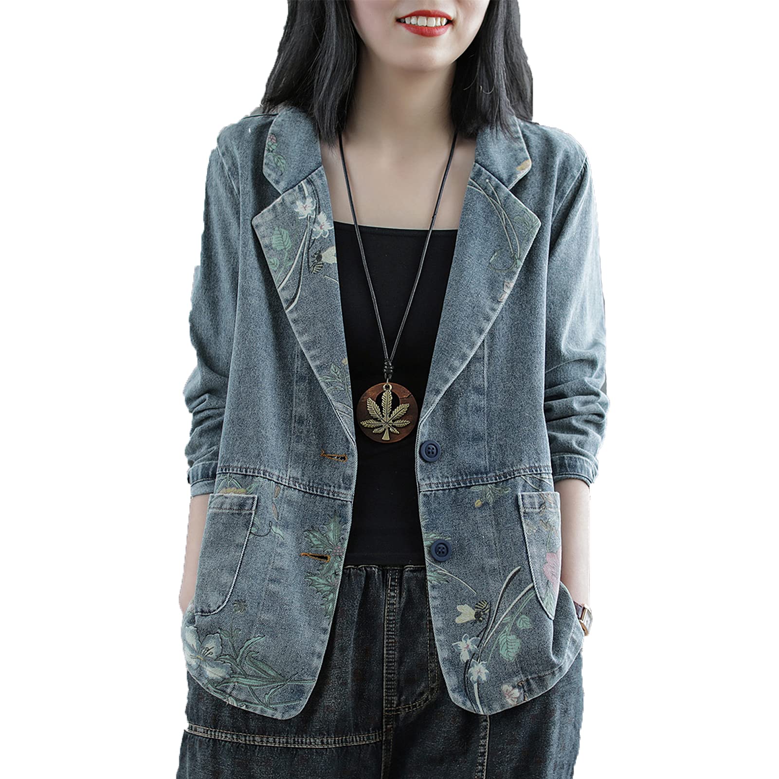 Blazer da donna in denim di cotone, a maniche lunghe, con bottoni da bavero, giacca da lavoro e da ufficio