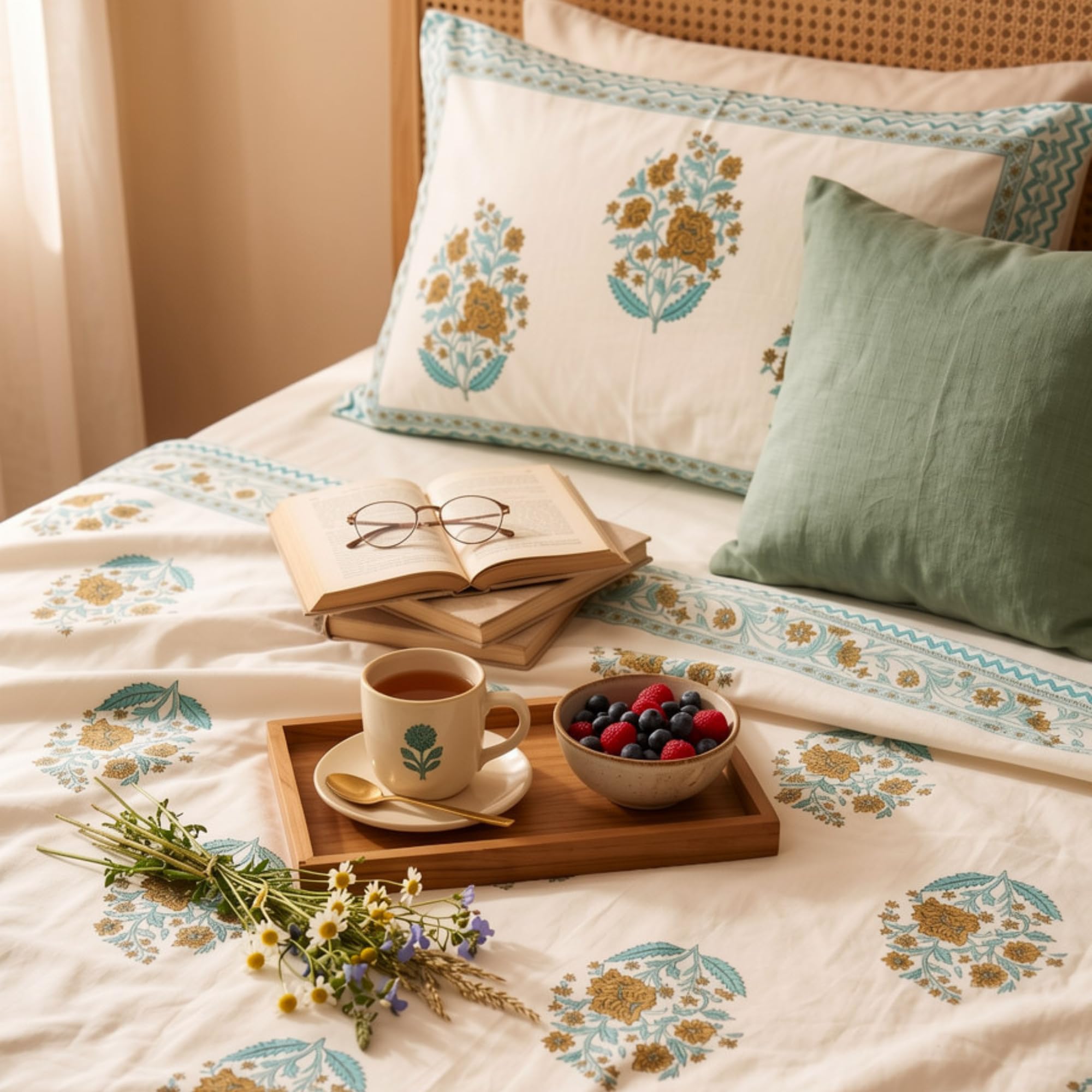 Naksh Bedsheet Queen Size Bed Cotton | Royal Sajawat Turquoise Floral Bedsheet with 2 Pillow Covers | Pure Cotton Bedsheets for Queen Size Bed | Elegant Cotton Bedding Set for Double Bed-image-10