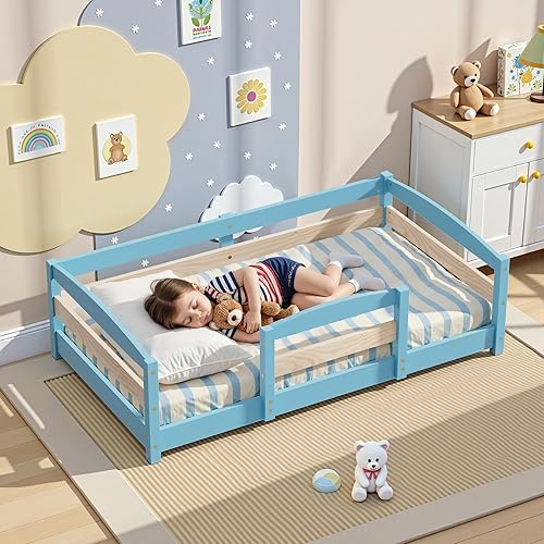 Miniatura 22 de Cama estándar para cuna, base de cama baja Montessori de madera con 2 entradas y barandillas seguras para niños y niñas, azul niebla Azul (Mist