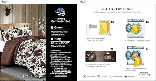 Miniatura 7 de Juego de ropa de cama con estampado de vaca, tamaño Queen, diseño de vaquero con temática occidental, estampado de vaca lechera, marrón, negro,