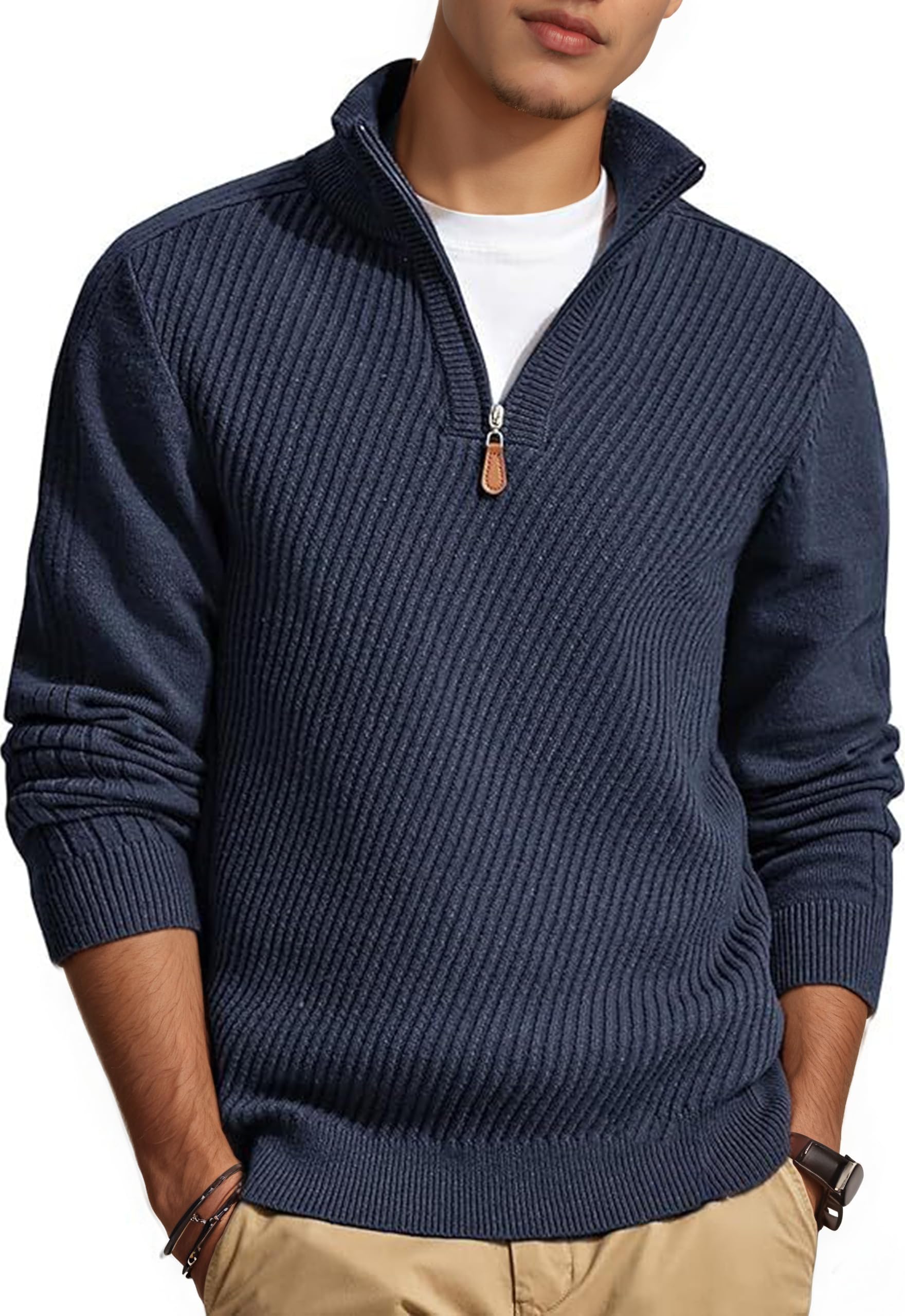 Runcati Mens Quarter Zip Pullover Slim Fit Lightweight Sweaters Casual Long Sleeve Knit Texture Sweater Navy Blue L