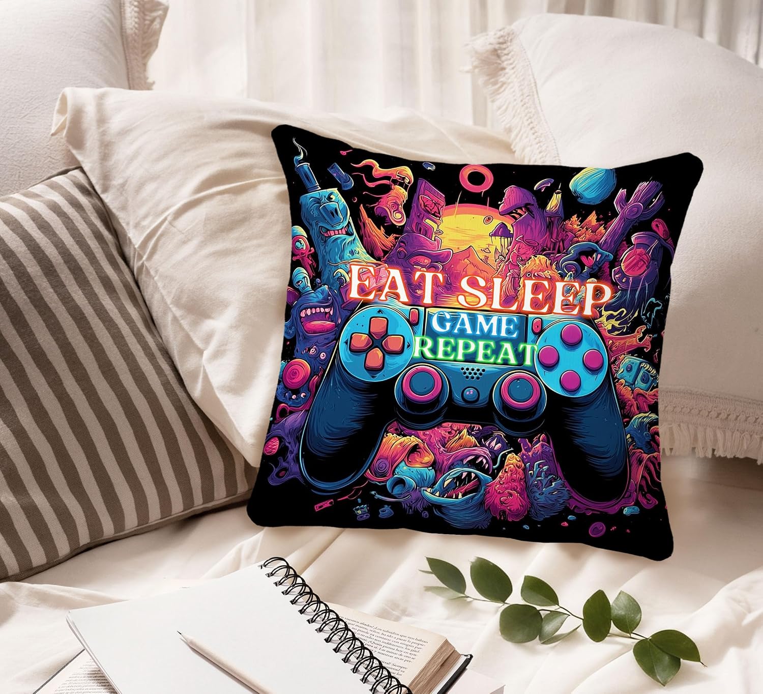 Voatok Gaming Pillow Cover 18x18, Gaming Room Decor, Eat Sleep Game Repeat Video Game Decorative Throw Pillow Cover Pillowcases Decorations for Kids Boy Room Bedroom Playroom Sofa Bed Couch Decor image 3