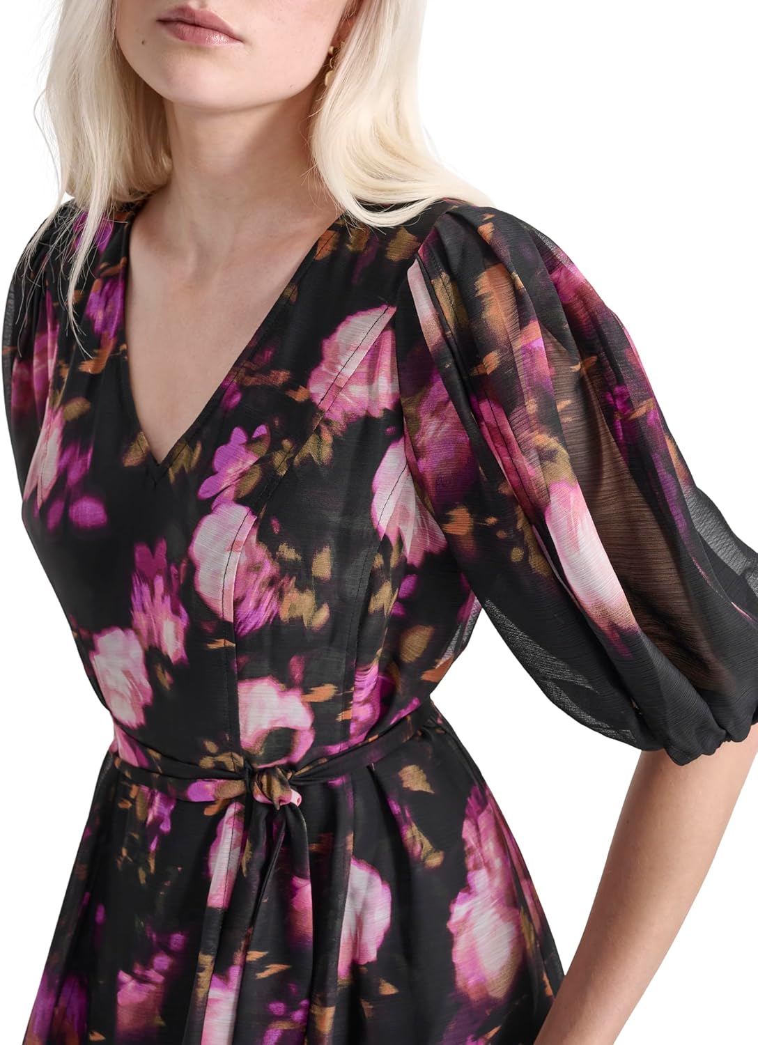 DKNY Women's Short Balloon Sleeve Surplice Neck Mini Removable Belt Faux Wrap Dress - Image 5