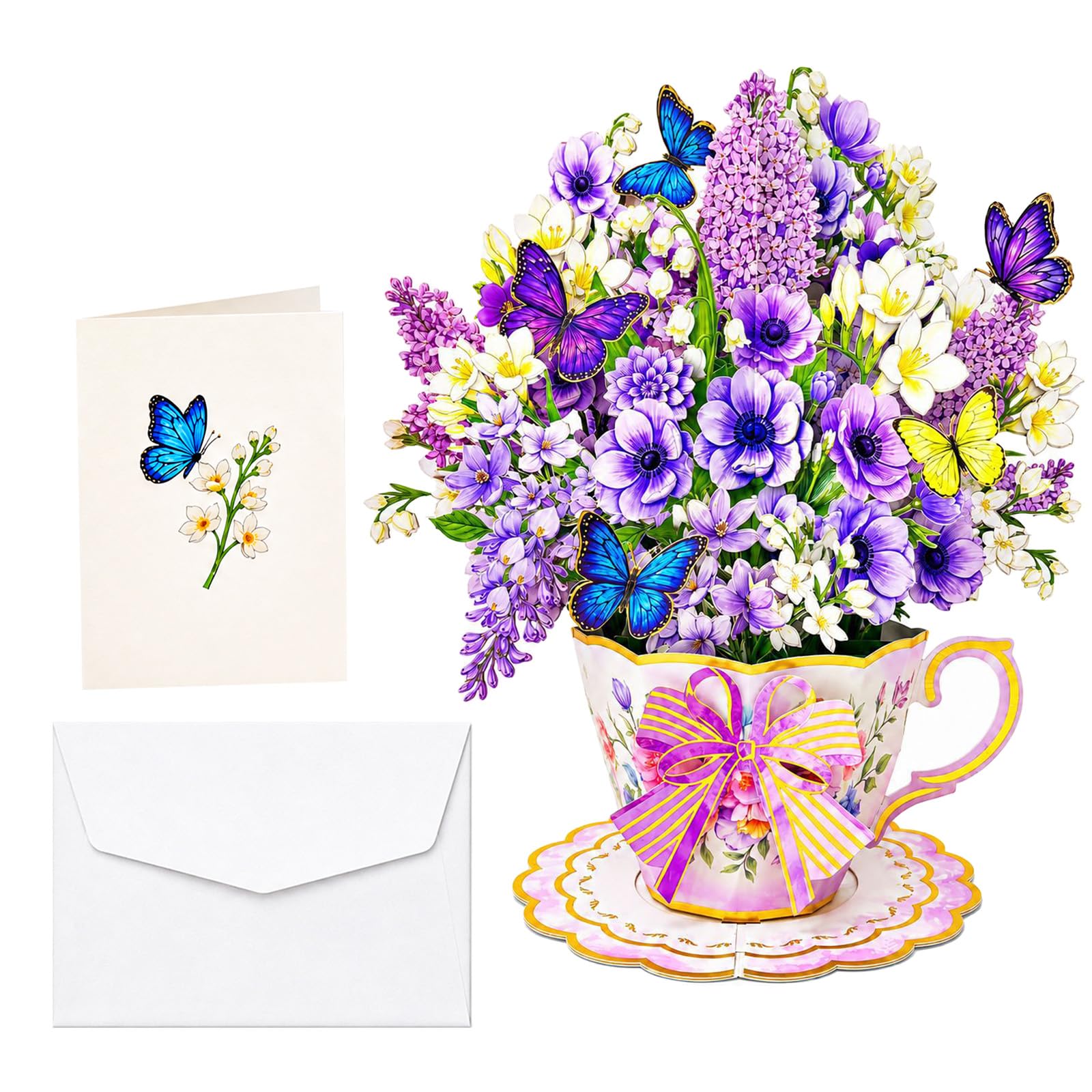 3D Pop Up Flower Bouquet Card Birthday Greeting Mum Friend Gift (Purple)