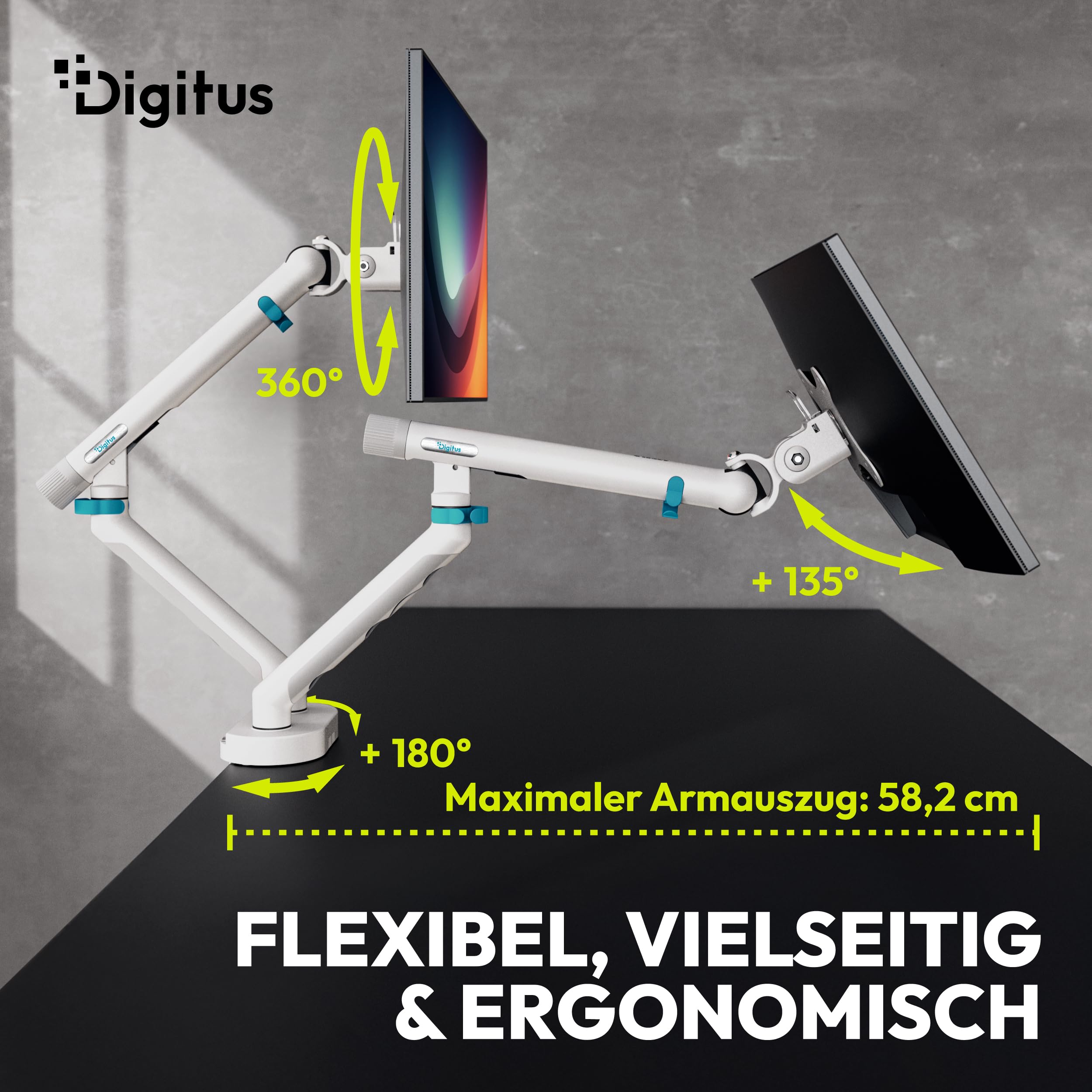 DIGITUS Monitor Halterung 2 Monitore – bis 35 Zoll – mechanische Feder | 10 kg Traglast je Arm – für Flach- und Curved-Bildschirme – VESA 75, 100 – Tischklemme – Weiß