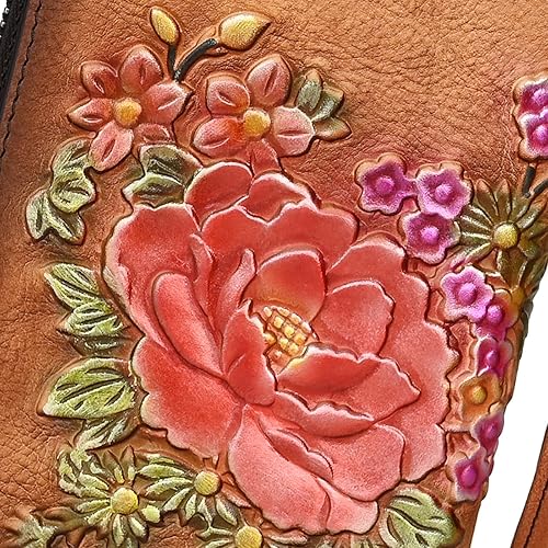 Miniatura 5 de Monederos en relieve para mujer, cartera larga de cuero genuino, estilo vintage, floral, con cremallera, embrague de gran capacidad, Marrón, Estilo