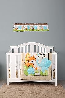 4 PCs Green Forest Animal Safari Nursery Crib Bedding Set 1 Quilt 1 Fitted Sheet 1 Skirt 1 Window Valance Baby Boy Cot Bedding Set