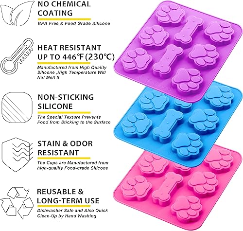 Miniatura 7 de ANAEAT Paquete de 3 moldes de silicona con forma de pata de perro y hueso 2 en 1, bandejas reutilizables antiadherentes y moldes flexibles de