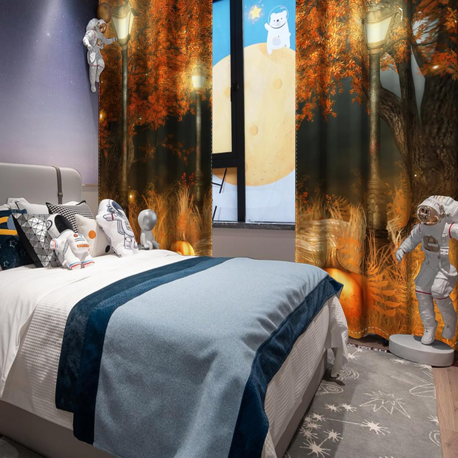 Renaiss Fall Curtains Blackout Orange Trees Window Curtains with Design Harvest Scenery Woodland Grommet Bedroom Curtains Lighthouse Curtains Drapes for Living Room 42W x 63L inch Set of 2 Panels