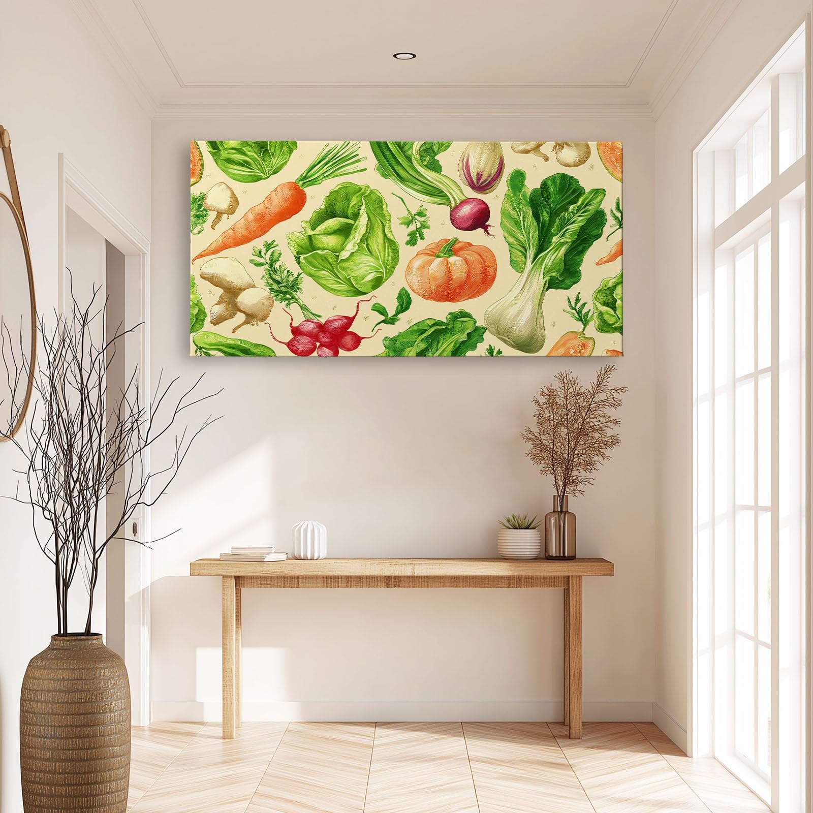 Generisch Natürlich Ländlich Gemüse Lebensmittel Modernes Leinwandbild 120L x 60B cm mit Rahmen, Cartoon Stil XXL Wanddeko für Wohnzimmer Geschenk Idee Einzug - Hochwertiger Kunstdruck auf Holzrahmen