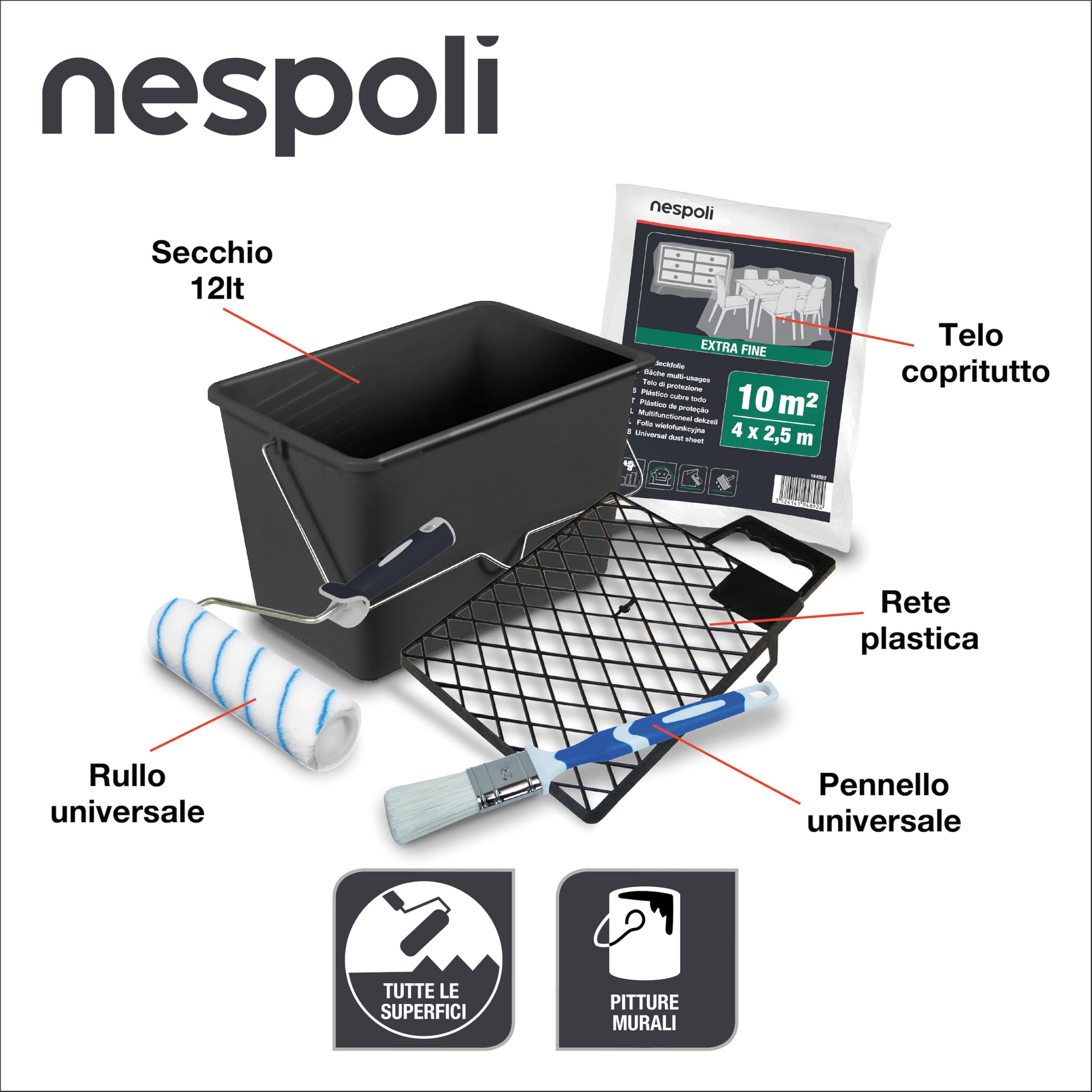 Nespoli - Set Pittura Completo con Rullo per Pittura, Pennello Pittura, Secchio, Telo, Retina - Kit Pittura Murale e Fissativo per Muri Interni per Lavori Fai da Te, Set Rullo Pittura Facile Utilizzo