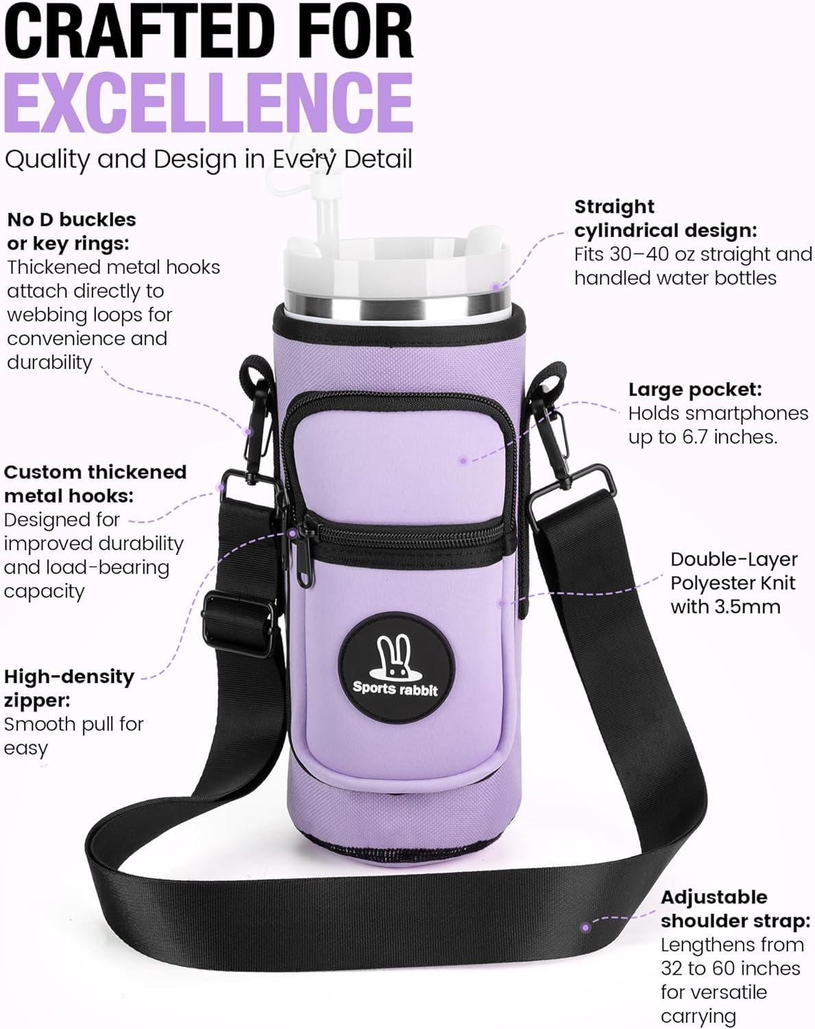 Sports rabbit Universal Water Bottle Holder – Durable Oxford & Neoprene Hybrid Design Compatible with Stanley 30/40oz Handled & 64/87oz Straight Tumblers, Adjustable Strap for Gym, Travel, Outdoors - Image 3