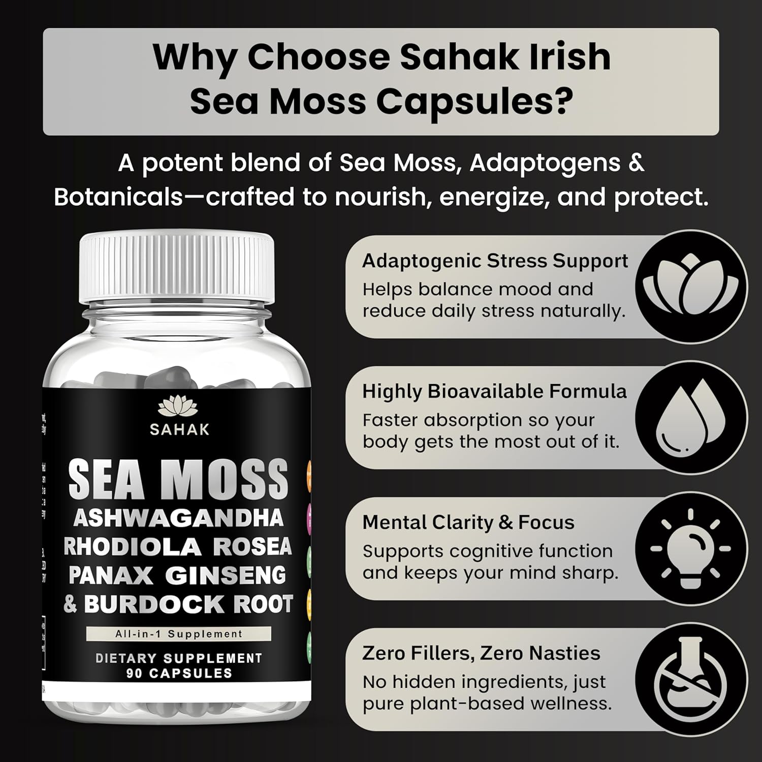 SAHAK Organic Sea Moss Capsules with Ashwagandha, Rhodiola, Panax Ginseng & Burdock Root – 90 Vegan Capsules, Lab Tested | Irish Sea Moss Complex for Daily Wellness, Energy & Skin Support - Image 4