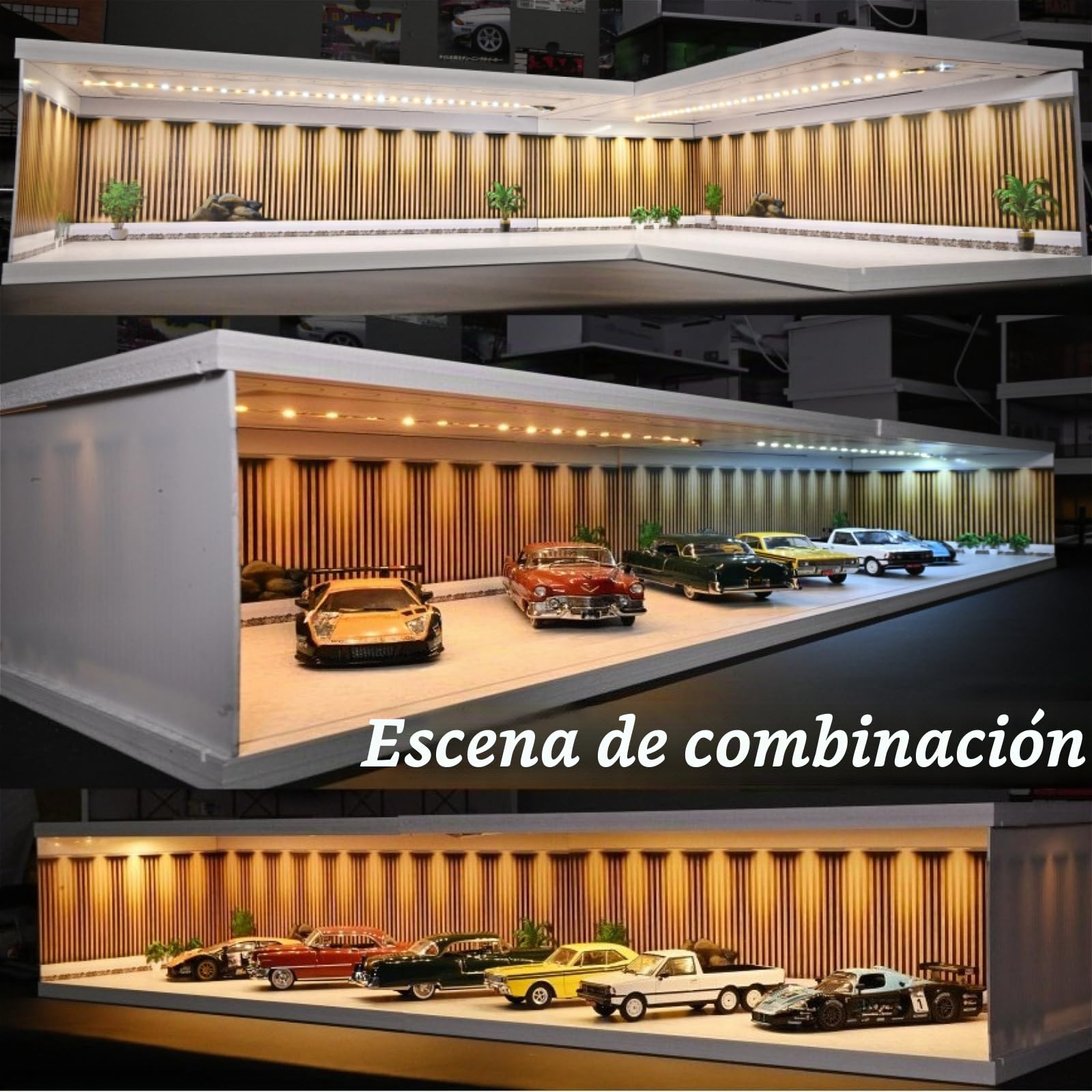 Modelo de garaje Diorama 1:64, iluminación LED tricolor, vitrina de exhibición de escena de estacionamiento, multicombinación, modelo de sala de exposición, almacenamiento de coches, caja de