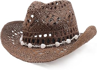 AQOKKA Straw Cowboy Hats for Women Men Western Cowgirl Hats with Shapeable Brim Woven Hollow Out Unisex Beach Roll Up Caps
