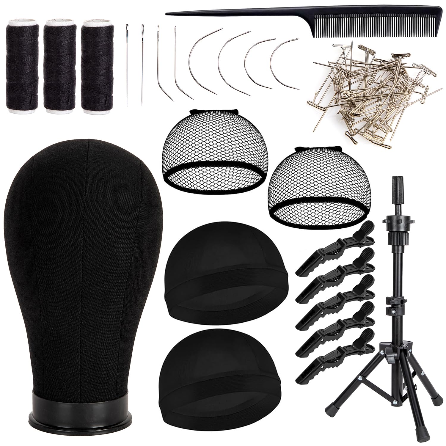 22inch Canvas Wig Mannequin Head with Head Stand for Making Display with Wig Caps Canvas Block Mannequin Head with T Pins Set Hair Styling Practice Display (Black)