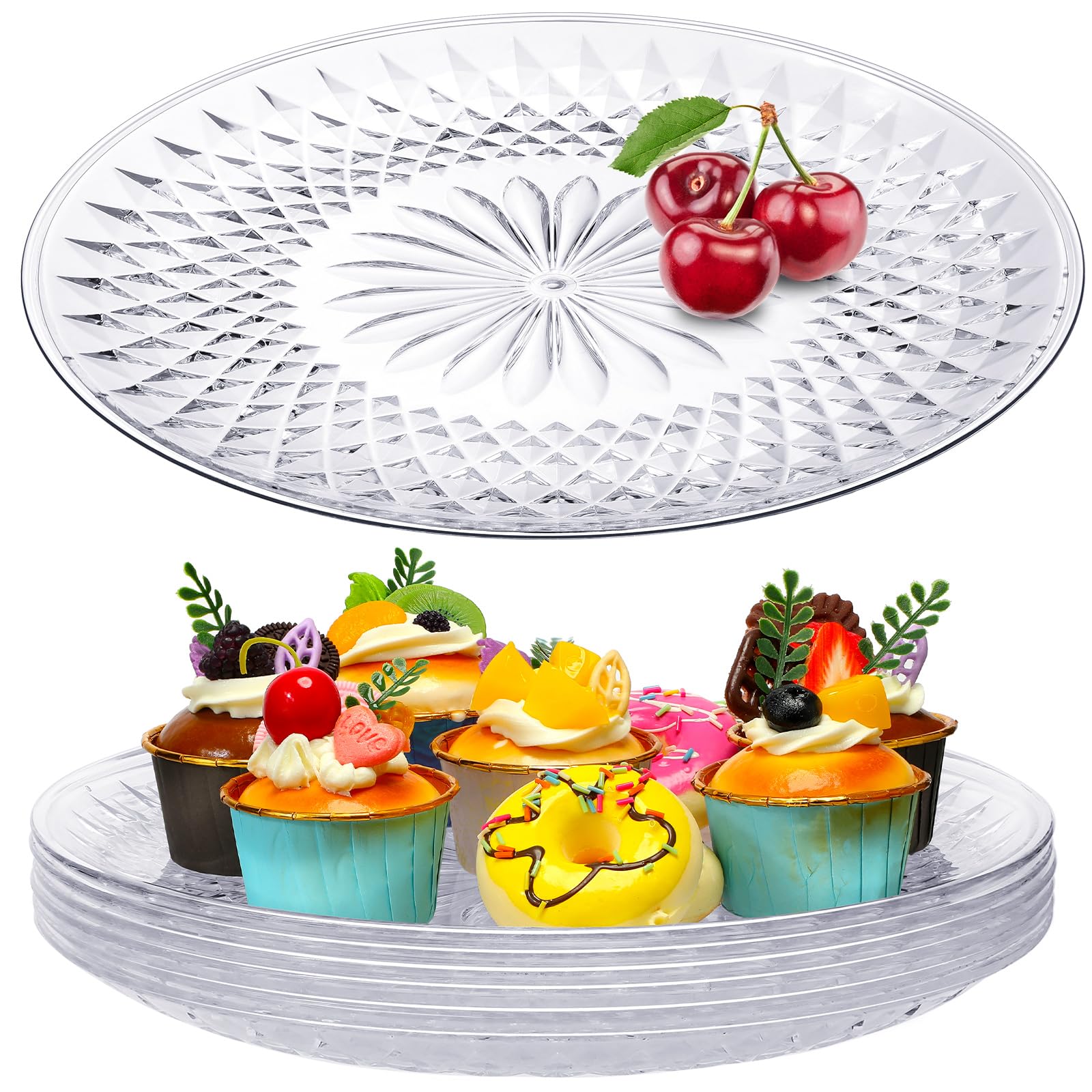 Fumete 6 Pcs Round Plastic Serving Platters Clear Plastic Serving Tray Acrylic Crystal Flan Plates for Food Cake Cookie Fruits Birthday Wedding Party