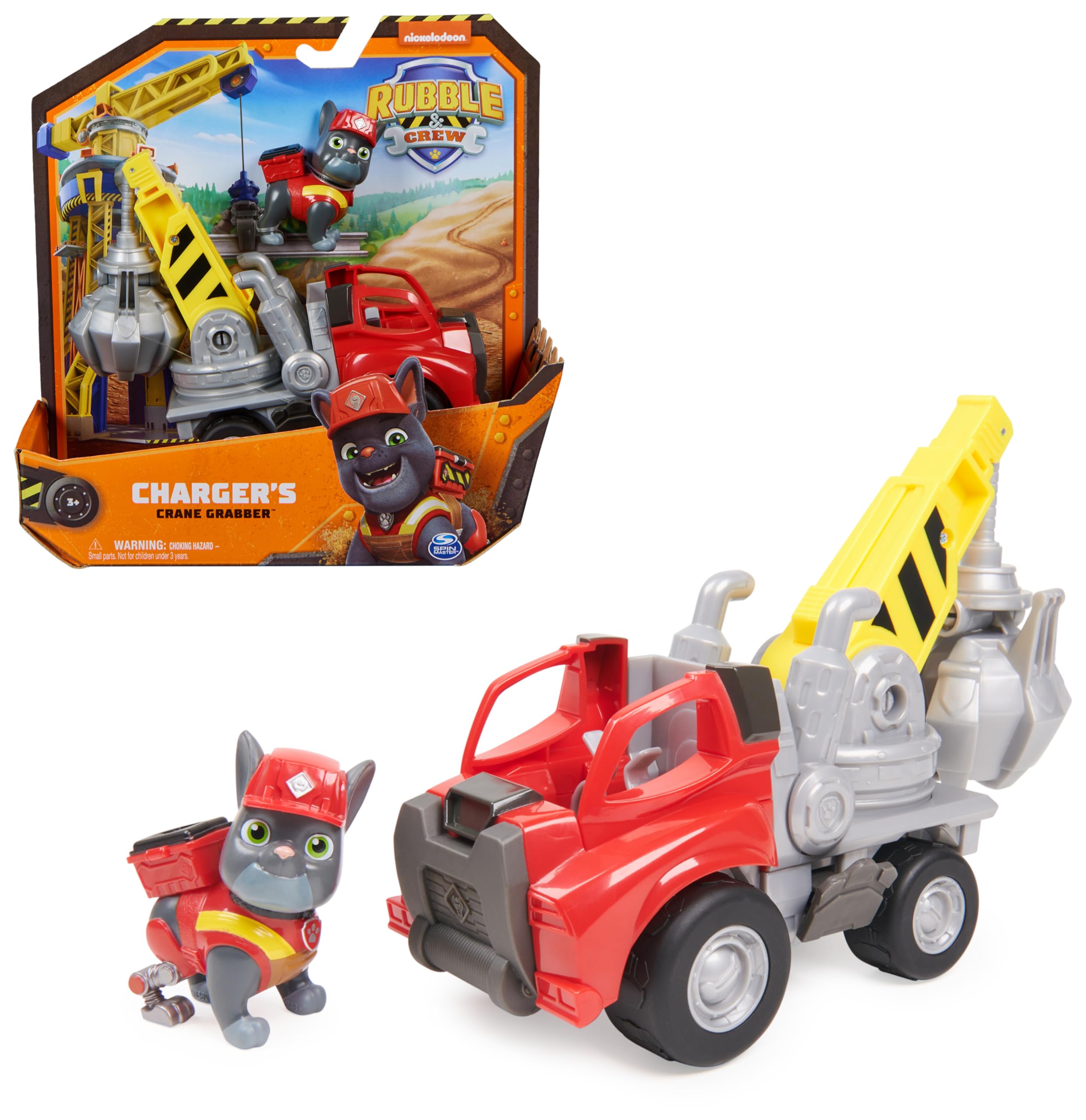 Rubble & Crew - Kran-Baufahrzeug (Basis Fahrzeug) mit Charger-Figur, dreh- und ausfahrbarer Ausleger, authentisches Spielzeug aus TV-Serie, für Kinder ab 3 Jahren