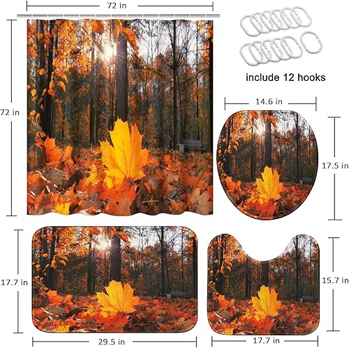 Miniatura 2 de Juego de cortinas de ducha de otoño con tapa de inodoro y alfombras antideslizantes, calabazas de granja, camión, gnomo, cosecha de Acción de
