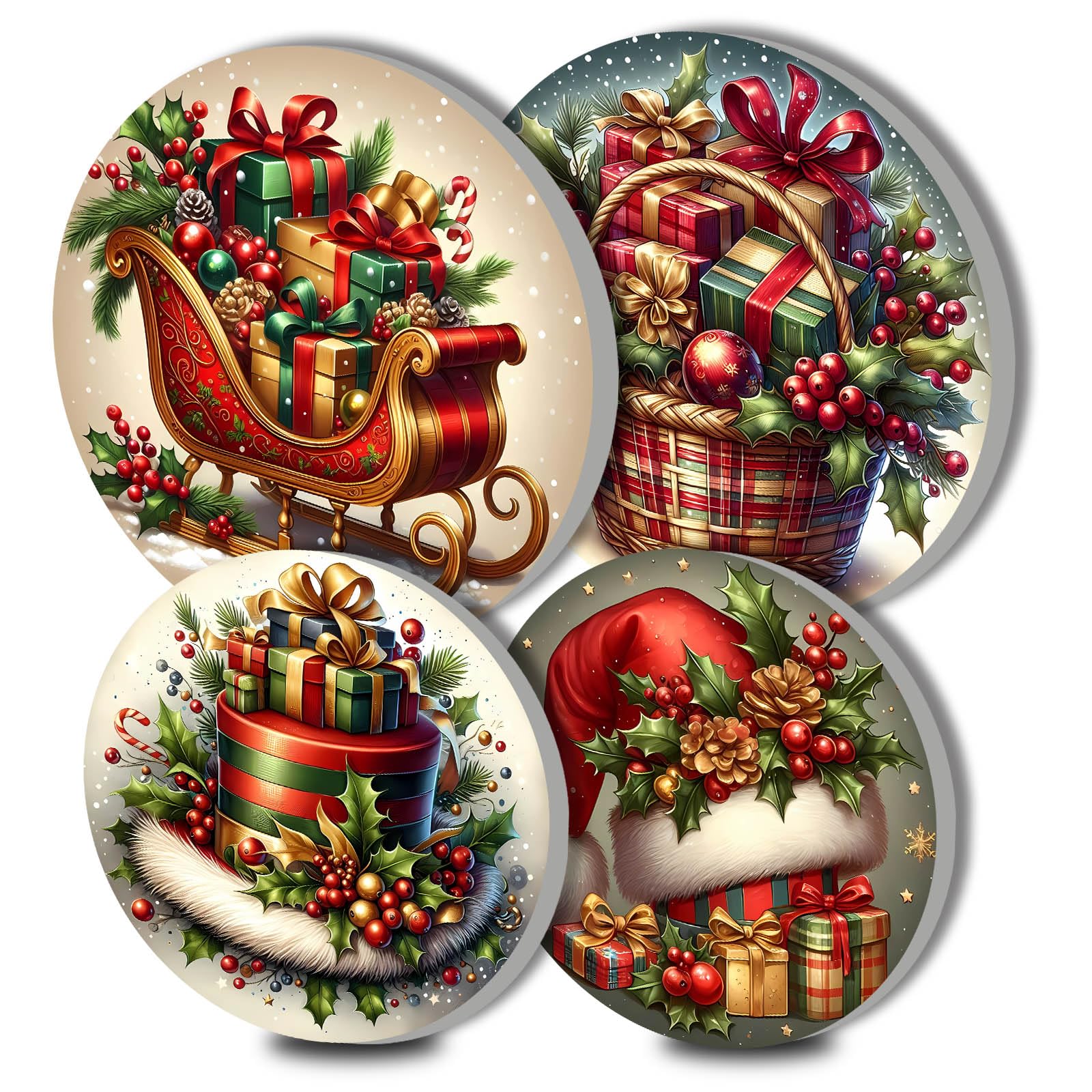 Christmas Sleigh Art Electric Stove Burner Covers,4 Pcs Christmas Basket Round Stove Burner Covers,Vintage Santa Hat Stove Burner Cover,8 Inch and 10 Inch Metal Cooktop Home Decor