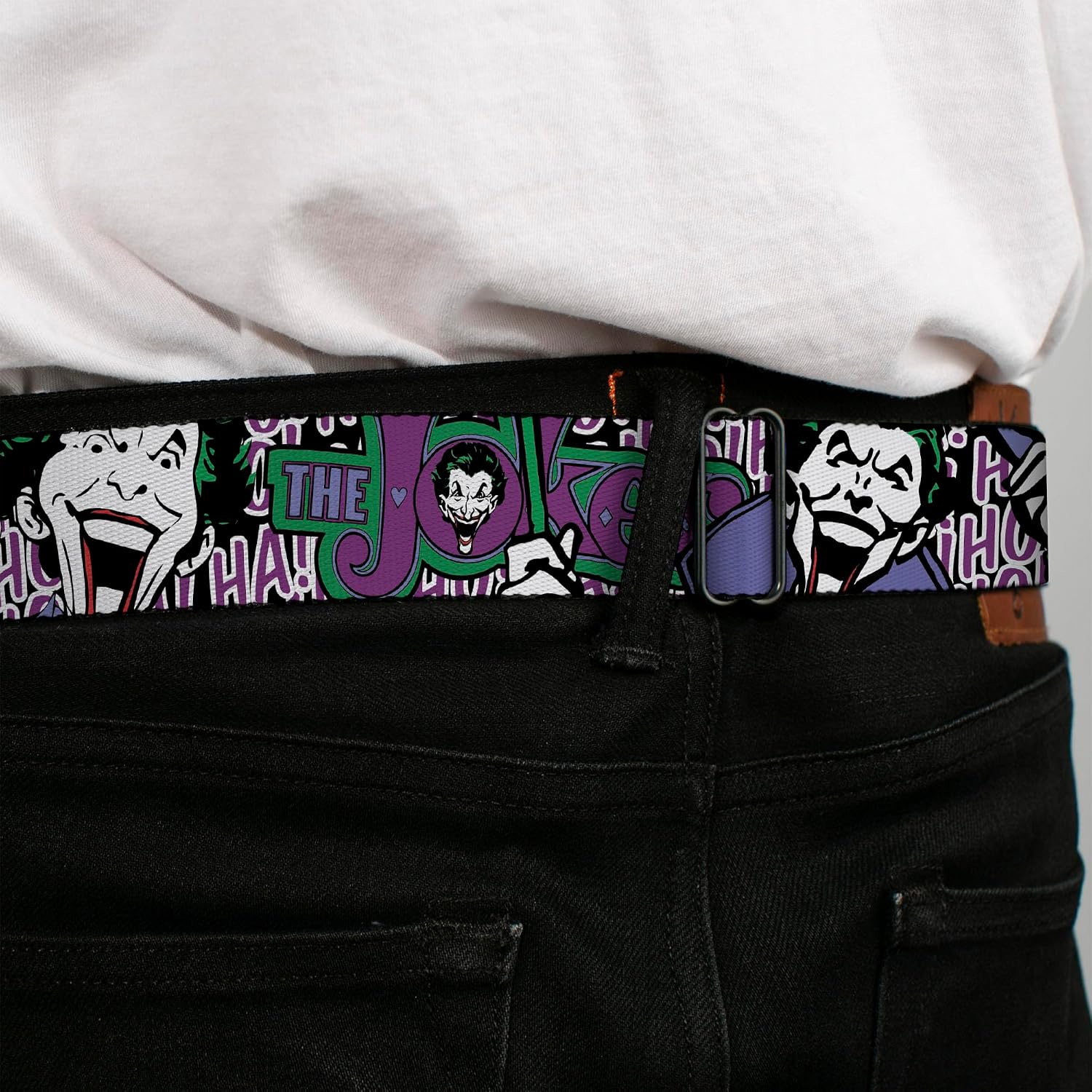 Buckle-Down Seatbelt Belt - Joker Face/Logo/Spades Black/White/Purple - 1.0" Wide - 20-36 Inches in Length