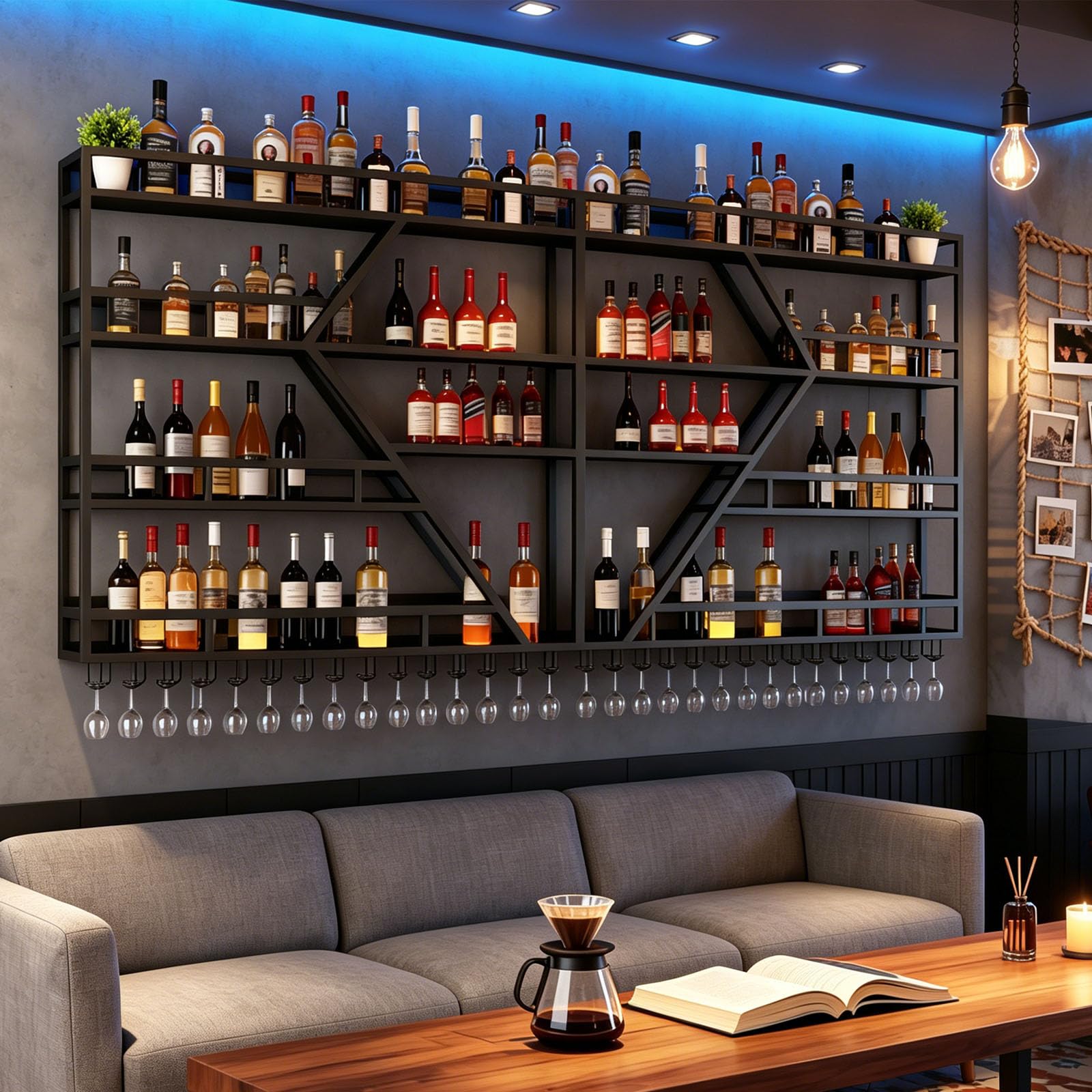 Weinregal zur Wandmontage mit Wein Glashalter, 3 Lagiger Großes Industriell Schwebende Wandmontage Weinflaschenhalter, Bar Multifunktionaler Weinpareite Display Rack (Schwarz, 4 Tier,200cm)