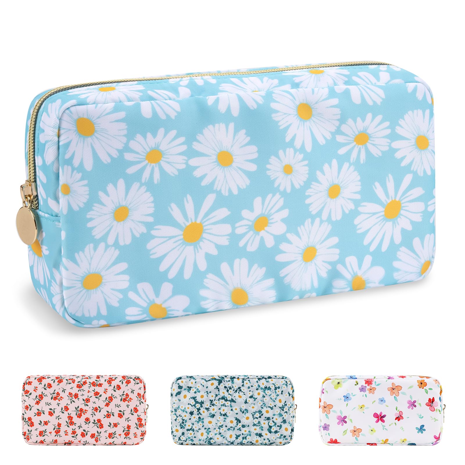 Waterproof Small Floral Makeup Bag Pouch for Purse,Nylon Flower Cosmetic Bag Preppy Travel Toiletry Storage Bag for Women Girl,Cute Makeup Organizer