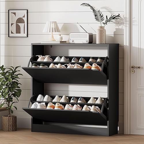 Miniatura 12 de Armario de almacenamiento de zapatos para entrada con 2 cajones abatibles, almacenamiento oculto independiente de madera, organizador de zapatos