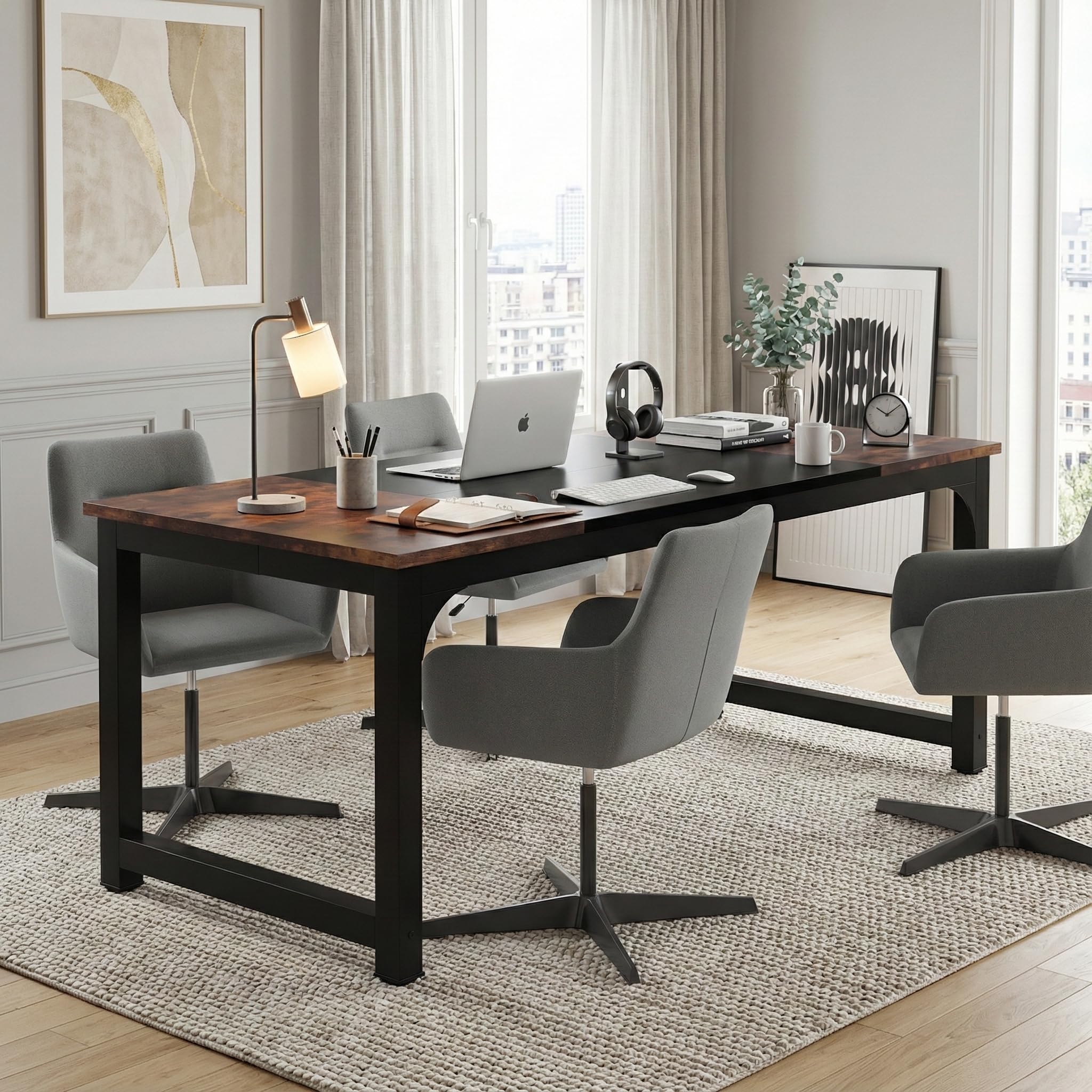 Lailang 160cm Escritorio de Oficina, Mesa portátil Ordenador, Mesa de Trabajo, Escritorio de Madera, Home Office, 160 x 80 x 75 cm, Marrón rústico y Negro